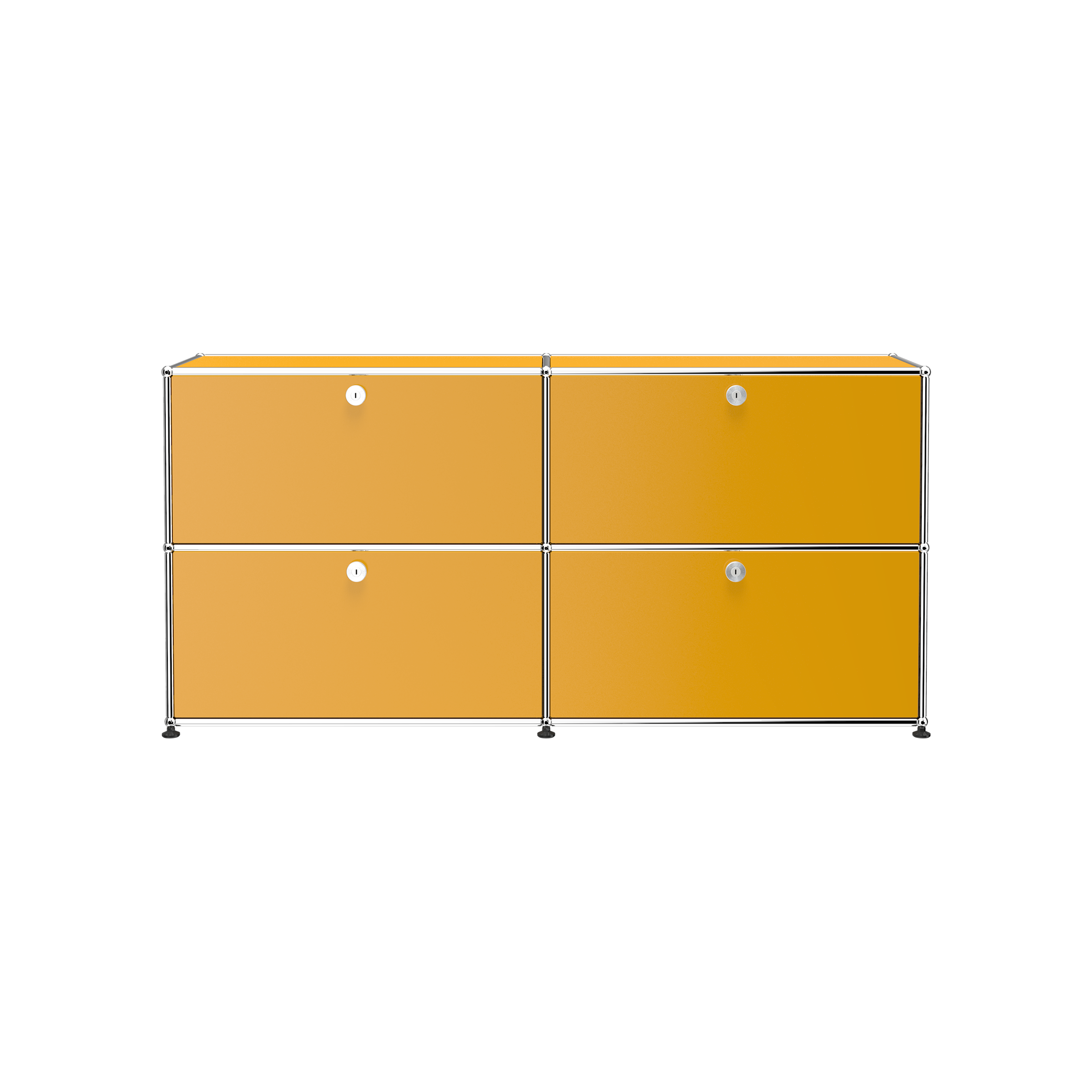 Haller Credenza E2 with four lockable drop-down doors in powder-coated steel and chrome frame, golden yellow finish.