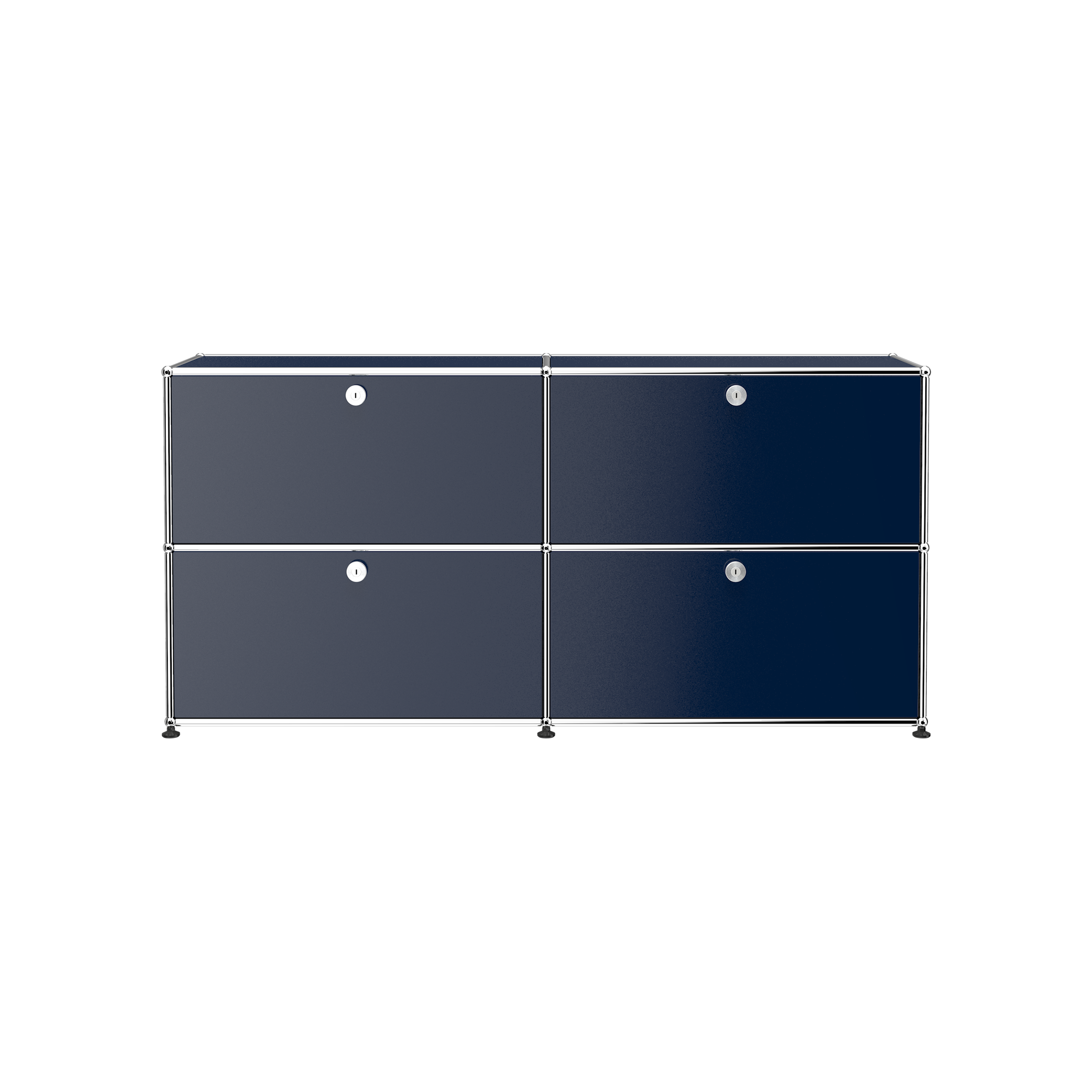 Haller Credenza E2 with four lockable drop-down doors in steel blue powder-coated panels and chrome frame