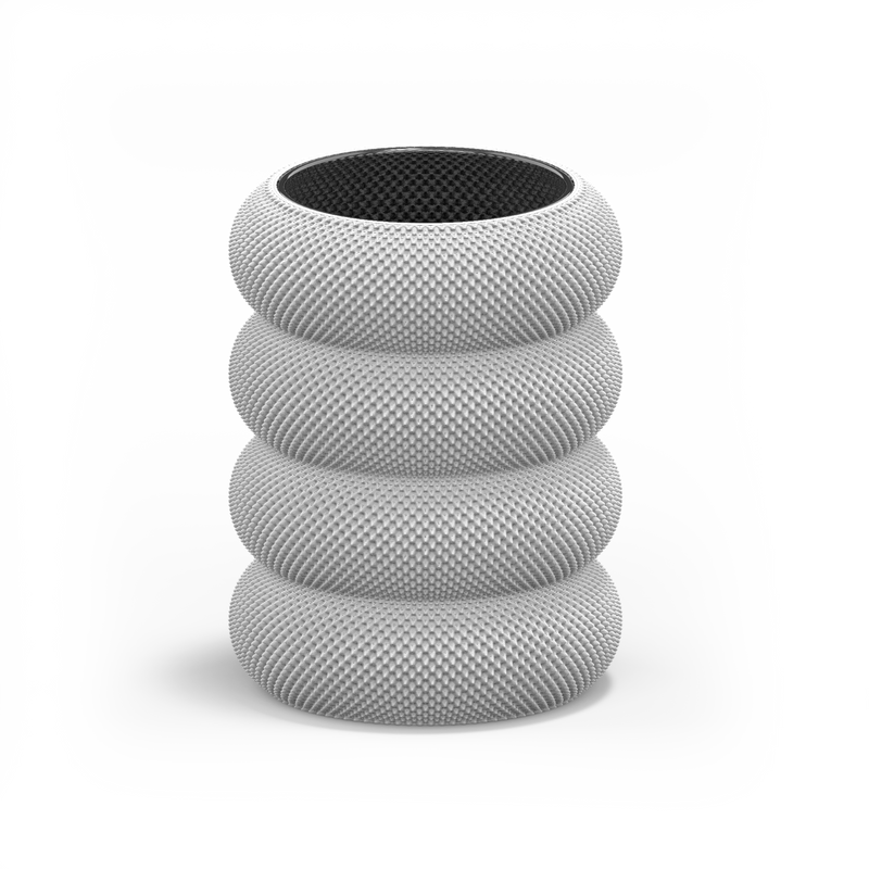 The Sheyn Dorn 341g 1c Vase is a futuristic, cylindrical object with a textured, grid-like surface resembling stacked tires. Crafted from eco-friendly PLA material, this white vase features a black interior and showcases the potential of 3D printing against a plain background.