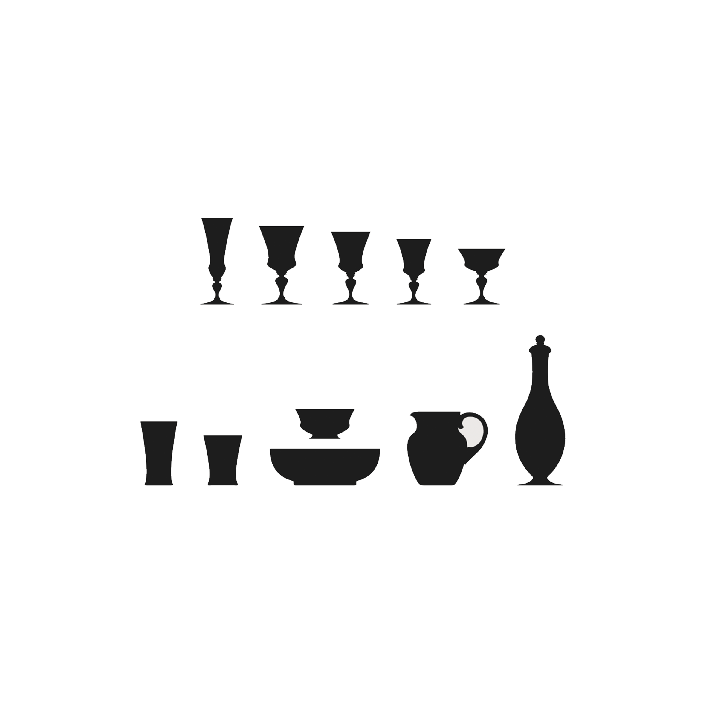 A silhouette displays Lobmeyrs Drinking Set No. 231 - Barock, without engraving, on a plain white background. It features five lead-free crystal wine glasses, two tall cups, one small cup, a bowl, a handled jug, and a tall decorative bottle.