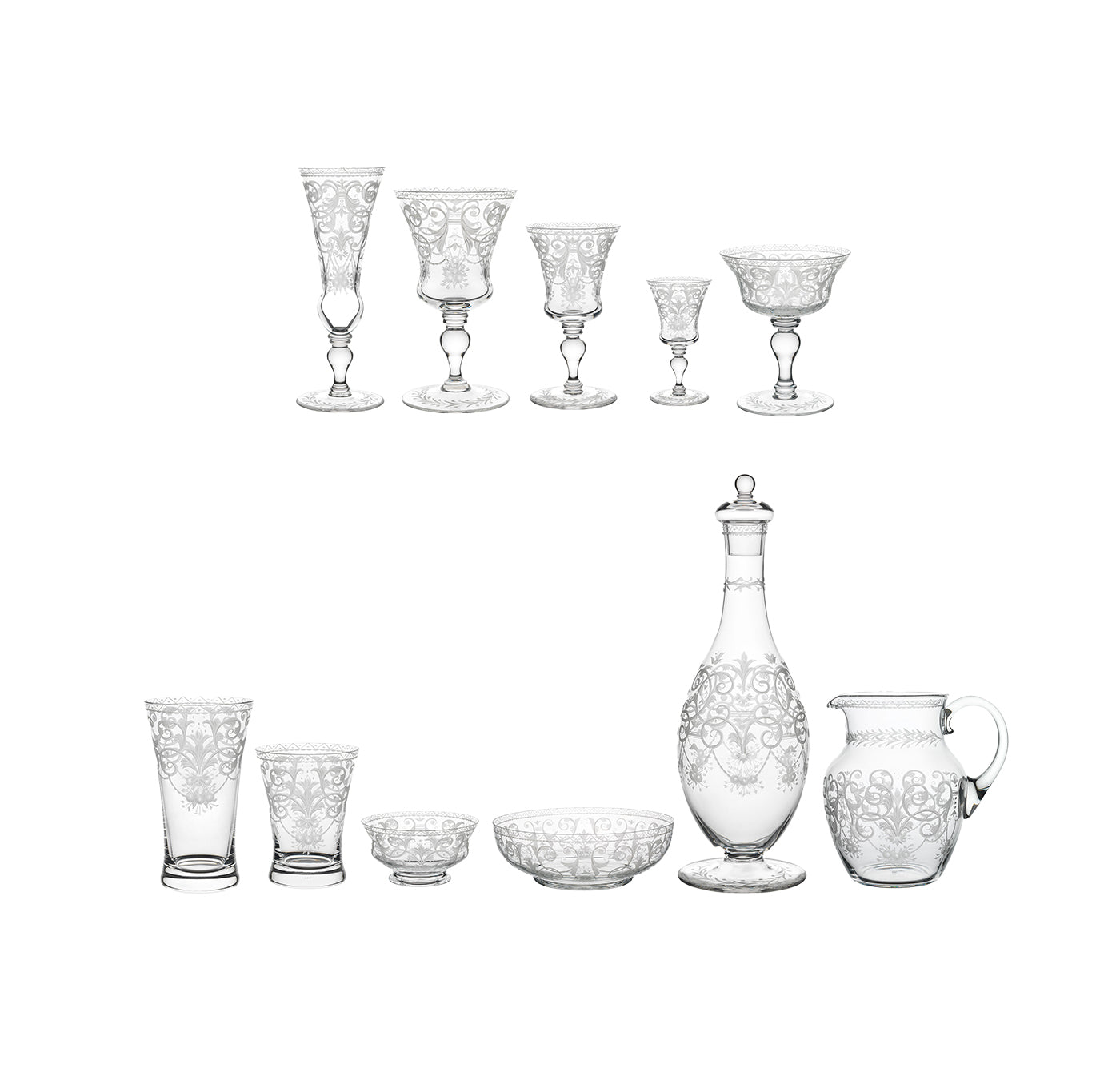 The Lobmeyr Drinking Set No. 231 - Barock features ornate glassware with hand-engraved designs, including glasses, a decanter with stopper, a pitcher, and bowls crafted from mouth-blown lead-free crystal, elegantly arranged in two rows on a plain background.