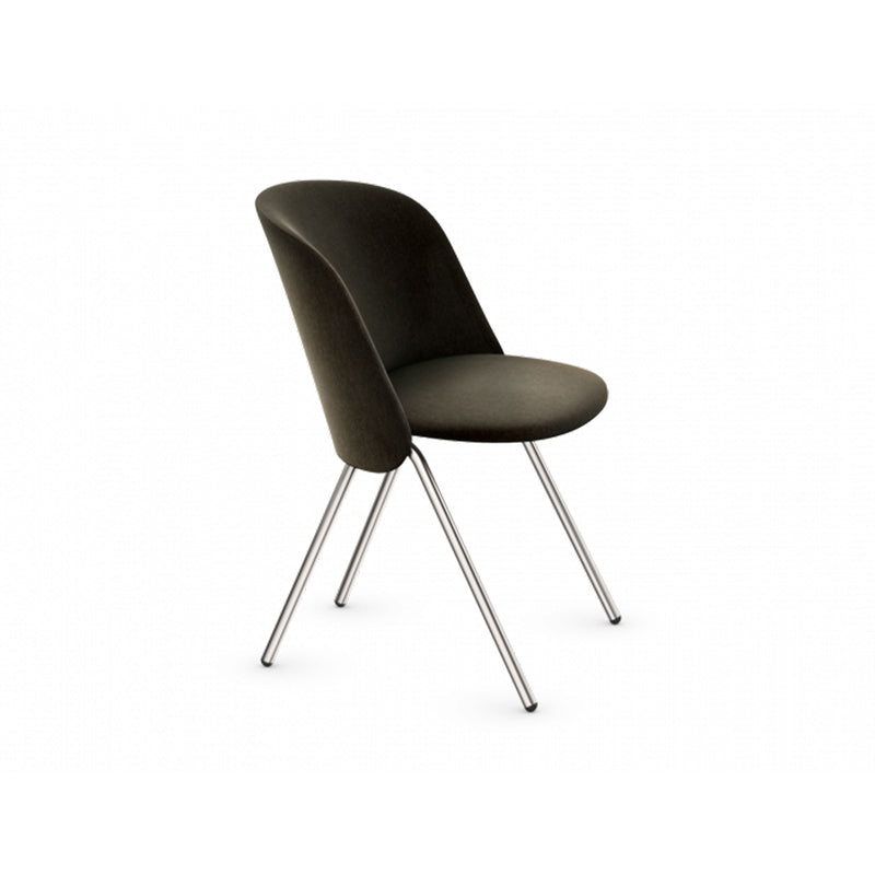 The E15 CH07 EITHER Chair exudes modernity with its versatile design, featuring a dark cushioned seat and backrest complemented by sleek metal legs angled outward, all set against a minimalistic white background.