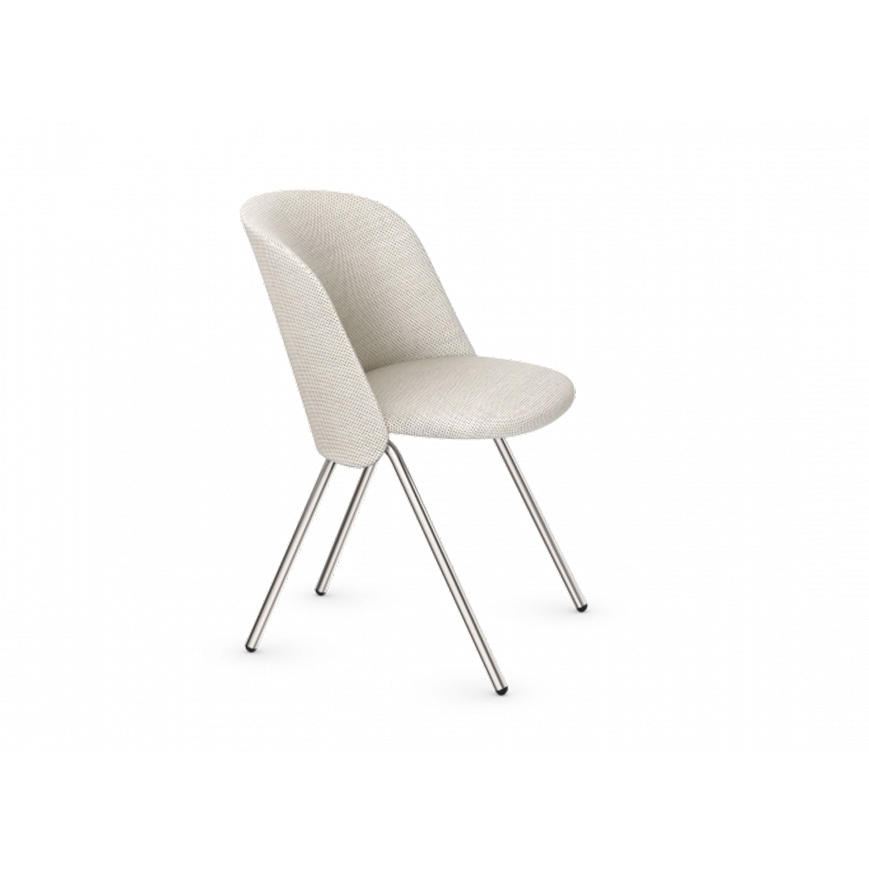 The CH07 EITHER Chair by E15 features a light beige upholstered seat and backrest with sleek, outward-angled metal legs. Its minimalist design exudes modern spirit, balancing contemporary style with timeless elegance against a plain white background.