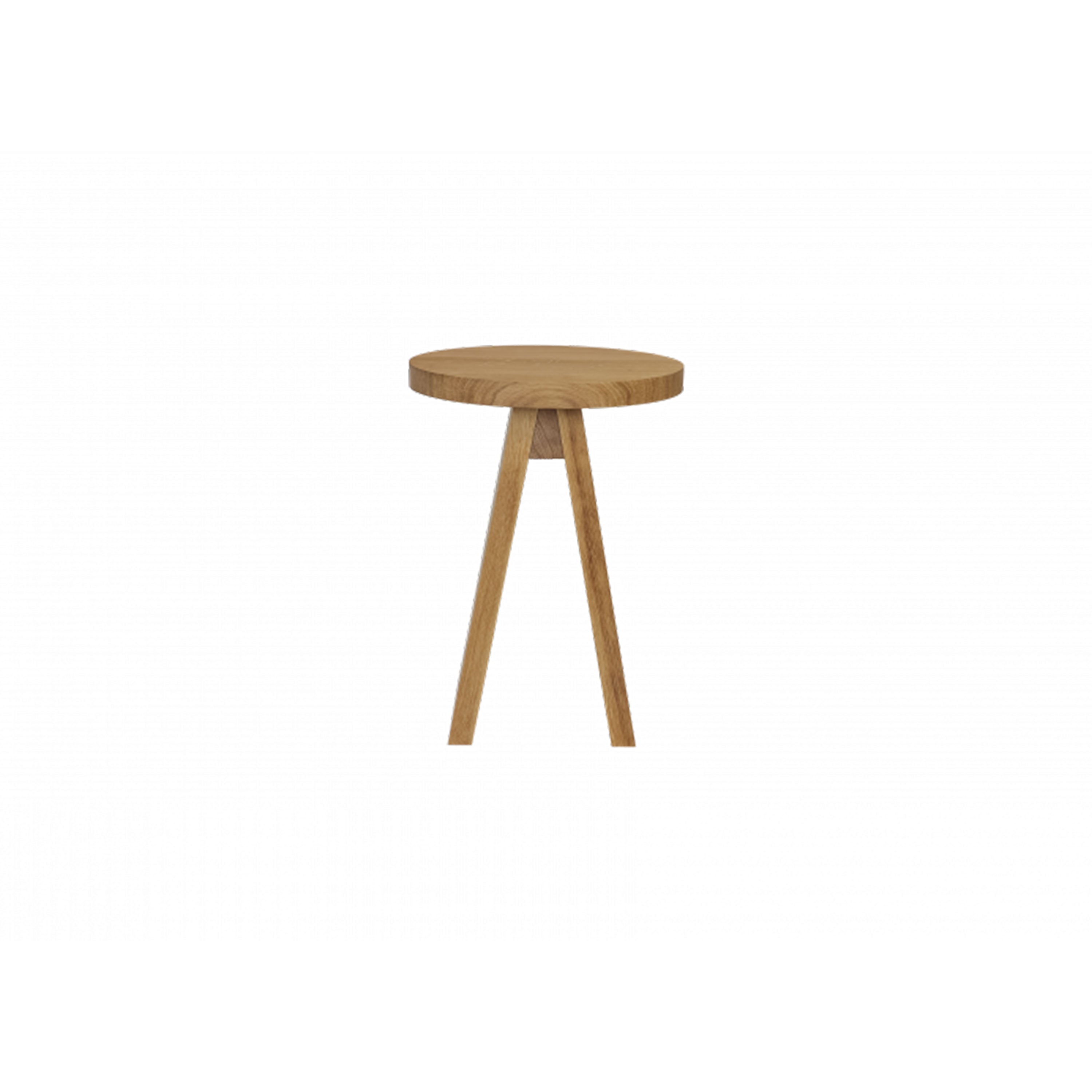 The E15 EK01/ EK02 Stool, featuring a small round European oak design with a flat top and three angled legs, is inspired by Stefan Diez and shown against a plain white background.