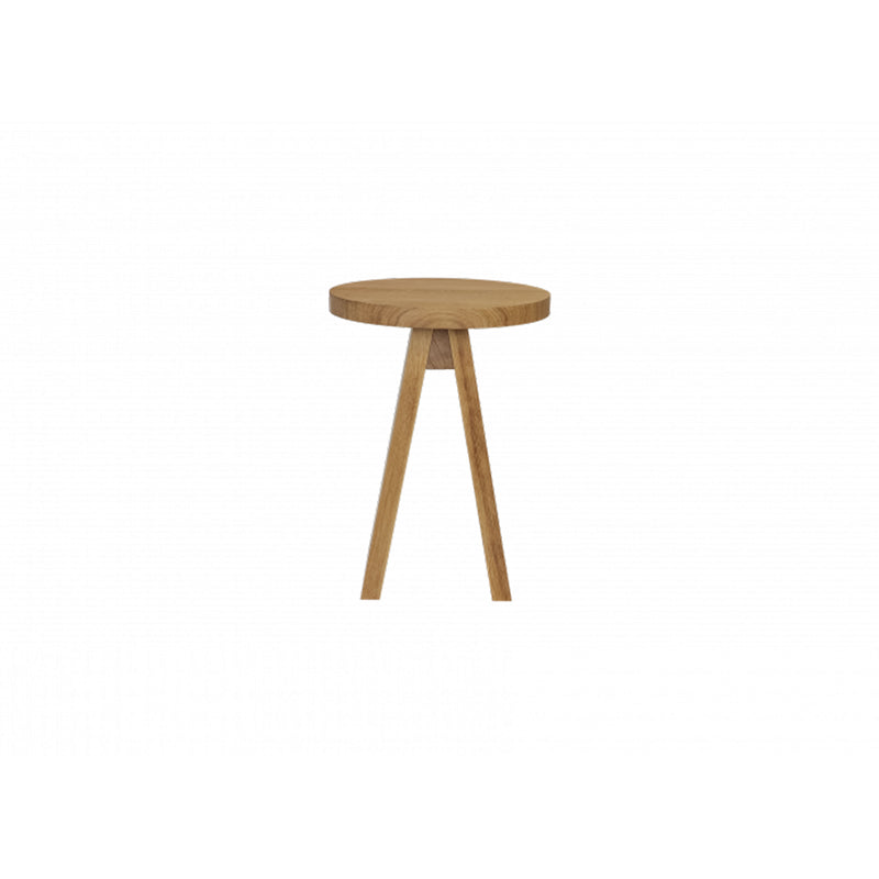 The E15 EK01/ EK02 Stool, featuring a small round European oak design with a flat top and three angled legs, is inspired by Stefan Diez and shown against a plain white background.