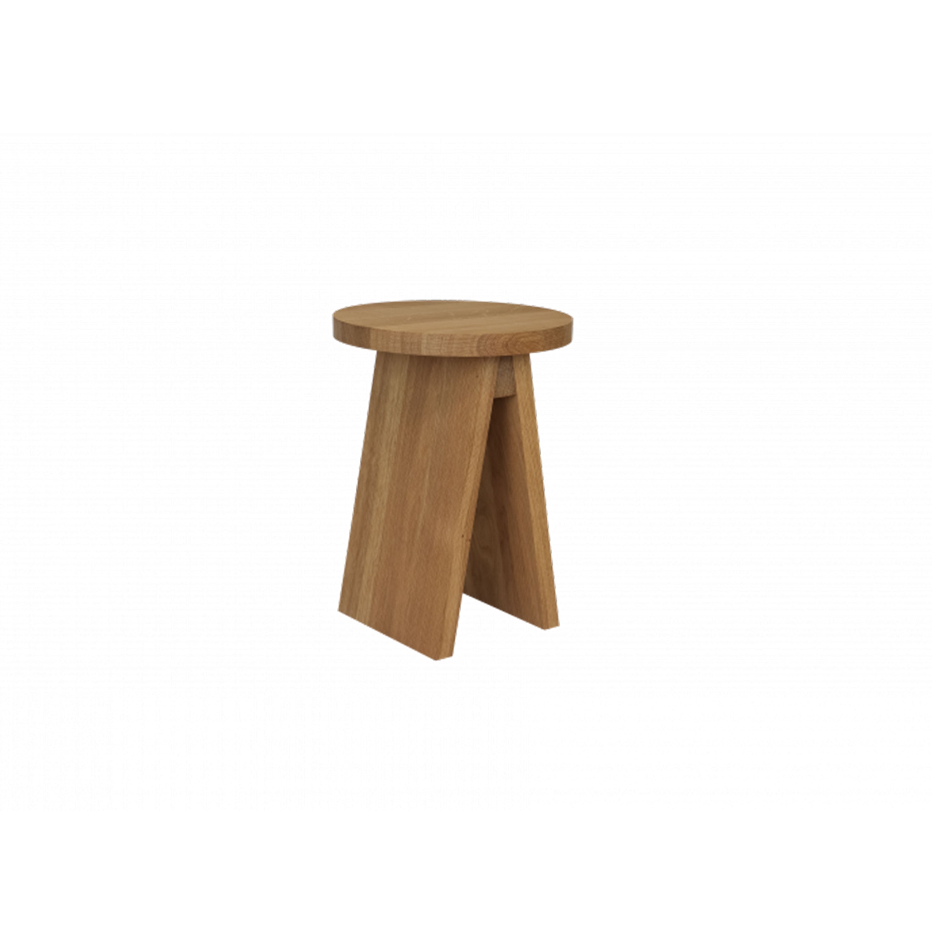The E15 EK01/EK02 Stool, designed by Stefan Diez, features a round seat made from European oak and a distinct A-shaped base. It highlights a smooth, natural wood finish and minimalist design on a simple white background.