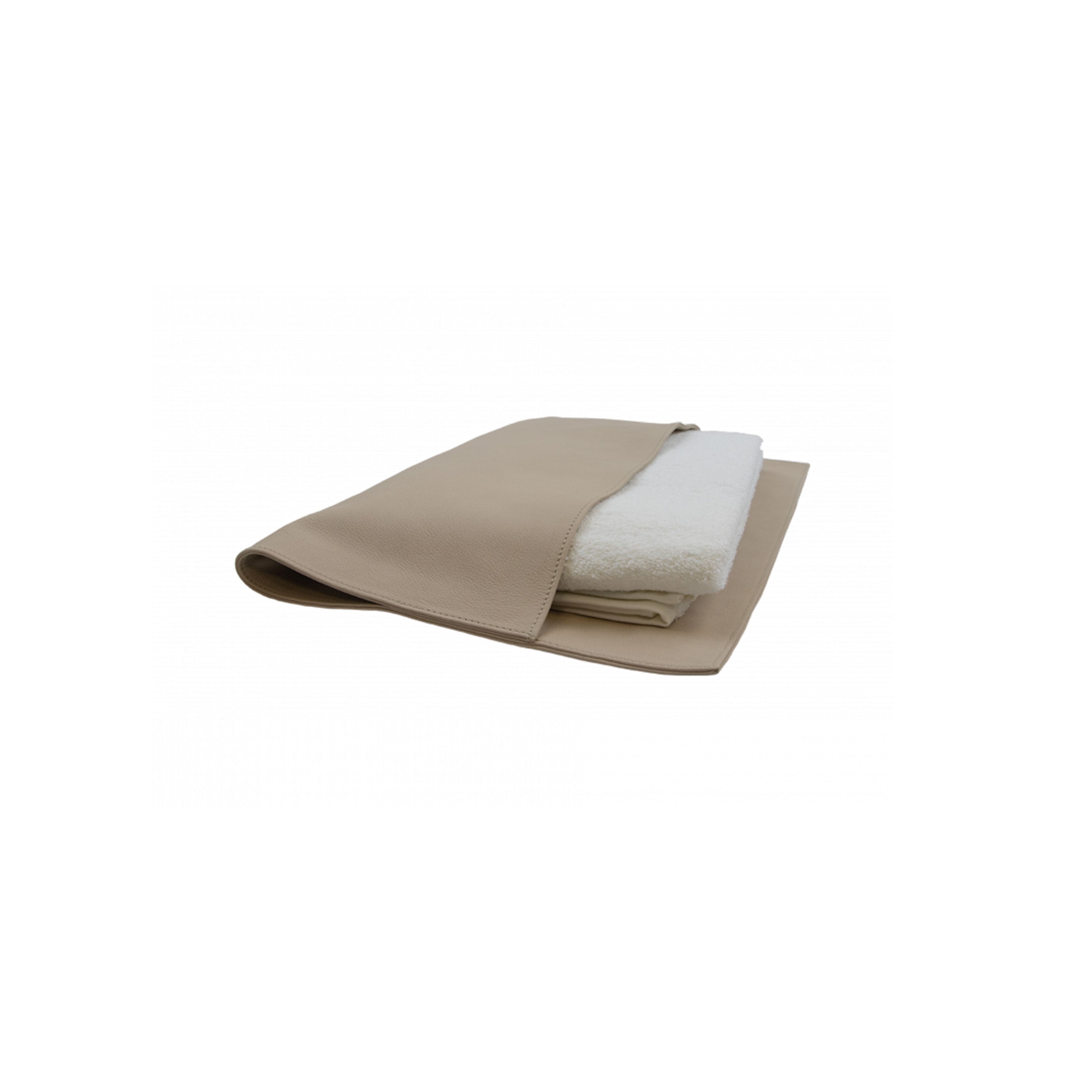 The EK07 Pocket by E15 features a neatly folded, cream-colored towel partially wrapped in a smooth, soft leather pouch on a white background.