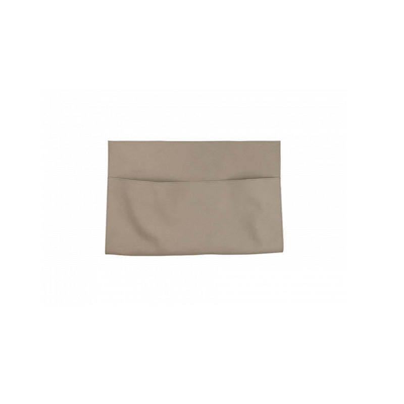The E15 EK07 Pocket is a beige, rectangular clutch bag with a minimalist design, set against a plain white background. Made from soft leather, it features a fold-over flap and sleek, seamless lines.