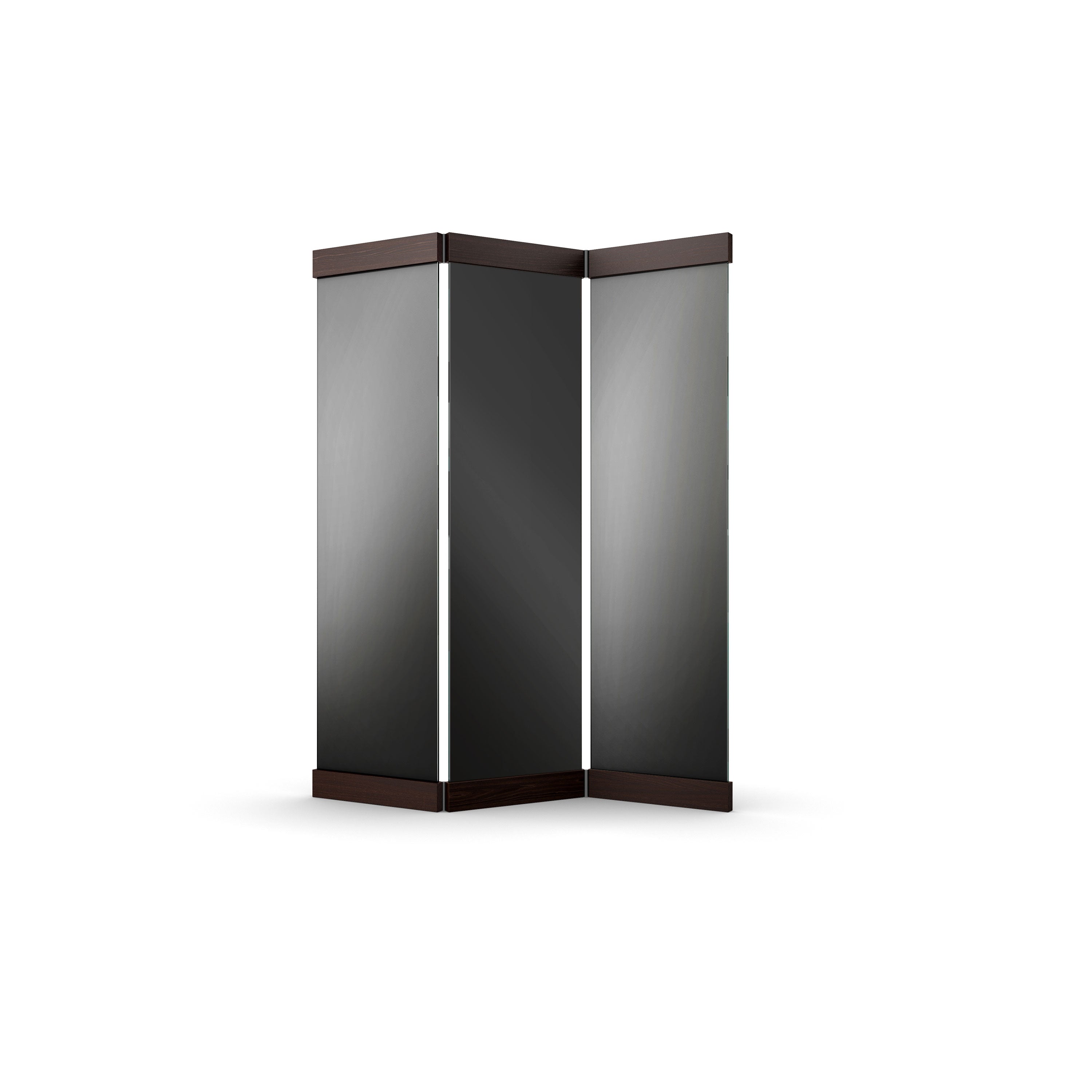 Discover the PV01 Scaena Paravent by E15: a modern Art Deco-inspired three-panel folding mirror with dark brown wooden frames and black mirrored glass panels. Its unique angled, triangular design subtly reflects light and surroundings.