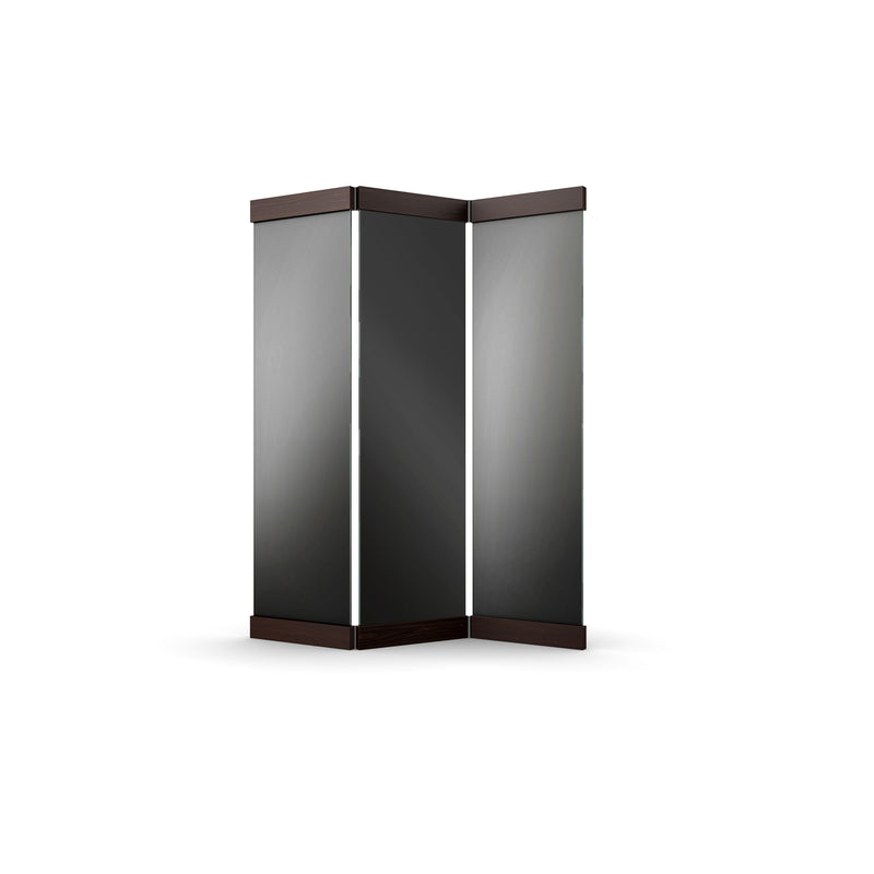 Discover the PV01 Scaena Paravent by E15: a modern Art Deco-inspired three-panel folding mirror with dark brown wooden frames and black mirrored glass panels. Its unique angled, triangular design subtly reflects light and surroundings.
