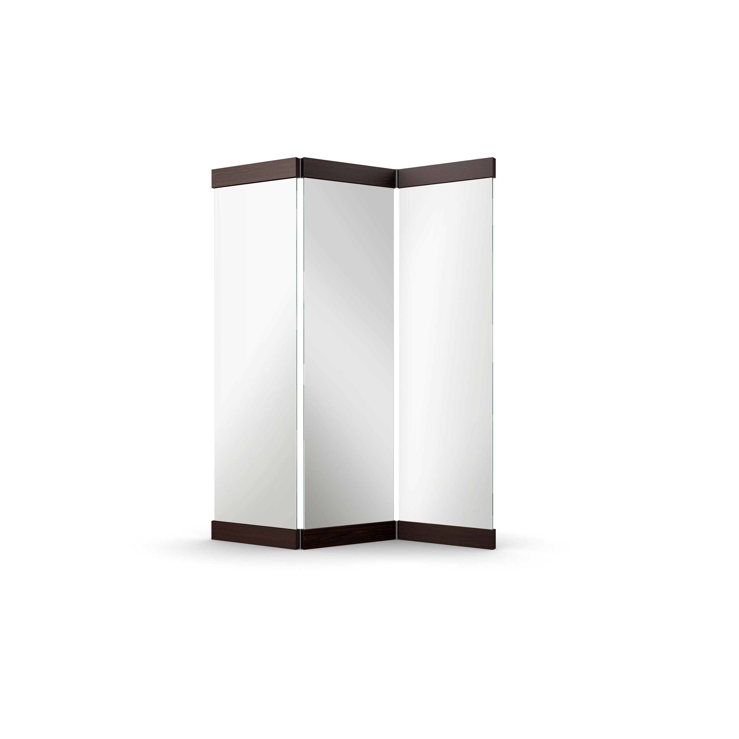 The PV01 Scaena Paravent by E15 is a modern, V-shaped freestanding mirror with dark brown edges. It exudes Art Deco elegance, featuring two black glass panels that seamlessly join at an angle, all set against a plain white background.