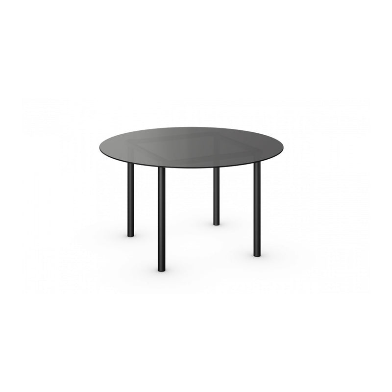 The TA25 Theorem Table by E15, designed by Philipp Mainzer, features a transparent glass top and four black steel legs set against a plain white background.