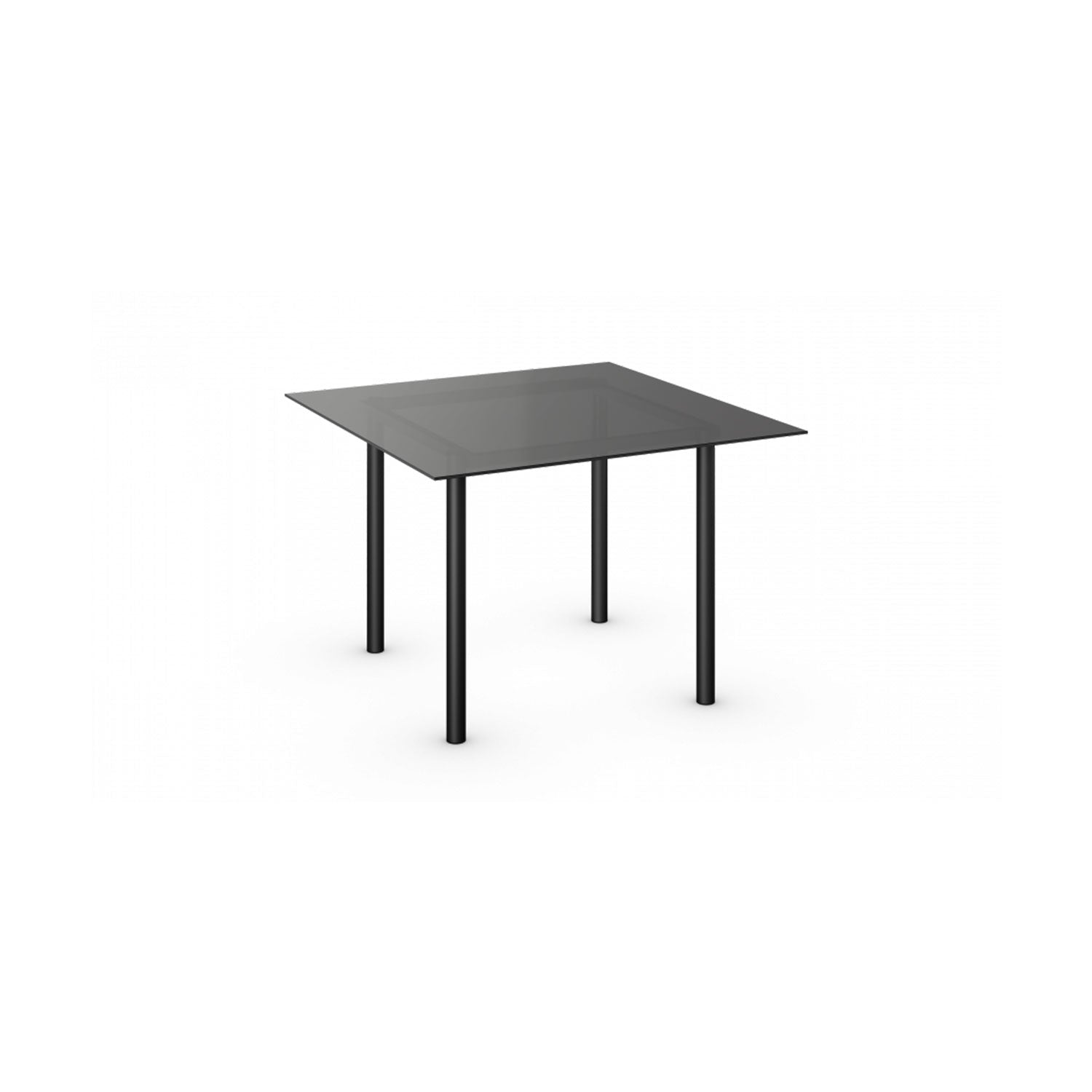 The TA25 Theorem Table by E15, designed by Philipp Mainzer, boasts a minimalist look with a dark glass top and four slender steel legs, offering modern elegance that contrasts beautifully against a plain white backdrop.