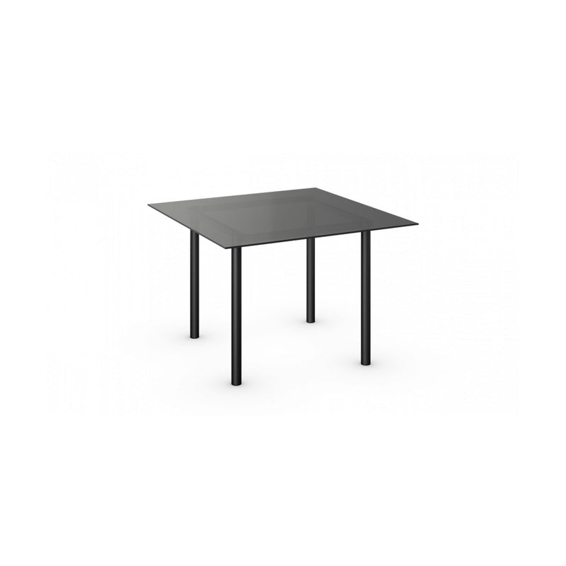 The TA25 Theorem Table by E15, designed by Philipp Mainzer, boasts a minimalist look with a dark glass top and four slender steel legs, offering modern elegance that contrasts beautifully against a plain white backdrop.