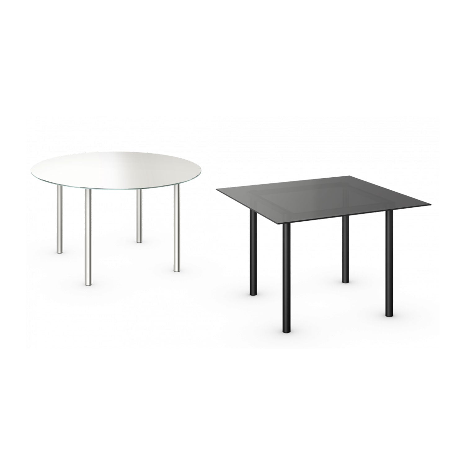 A minimalistic image showcases two E15 tables designed by Philipp Mainzer: a round table with a white top and slim steel legs, and the TA25 Theorem Table featuring a square, dark translucent surface on sturdy black legs. Both are set against a pristine white background.