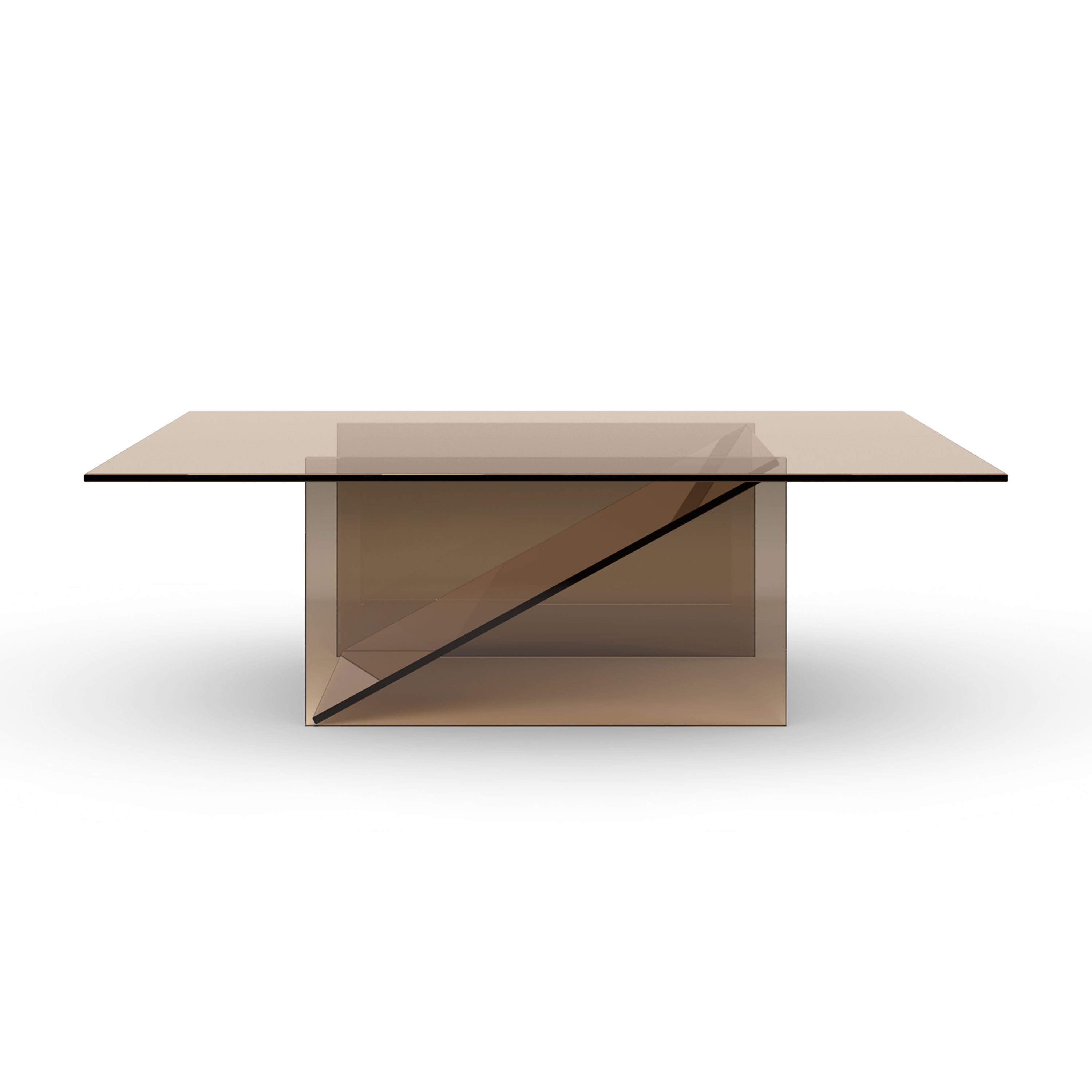 The CT11 Kaisa by E15 is a sleek, modern rectangular glass table with a flat top and angular transparent base featuring a diagonal support. Its subtle brown tint exudes sculptural elegance reminiscent of Annabelle Klutes KAISA side tables, offering sophistication in any space.