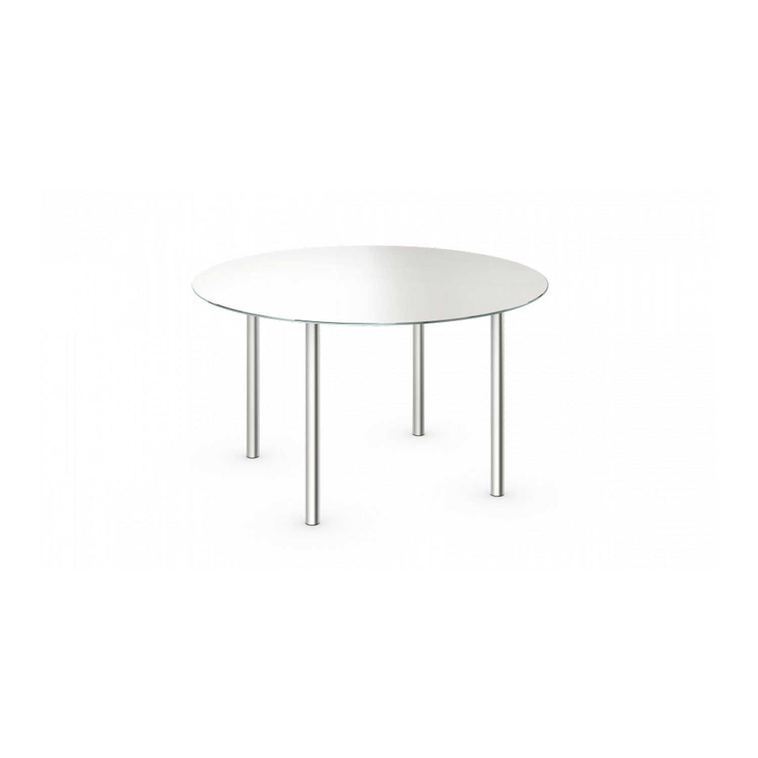 The TA25 Theorem Table by E15, designed by Philipp Mainzer, showcases a round glass top with a sleek modern design, supported by four slender steel legs. Its minimalist aesthetic beautifully contrasts against a white background.