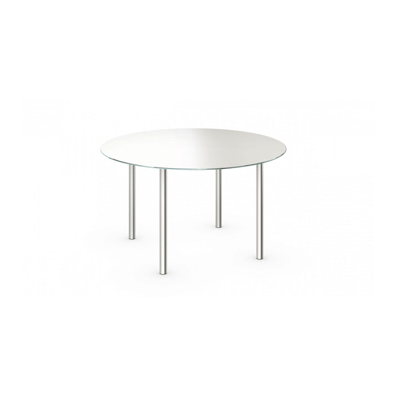 The TA25 Theorem Table by E15, designed by Philipp Mainzer, showcases a round glass top with a sleek modern design, supported by four slender steel legs. Its minimalist aesthetic beautifully contrasts against a white background.