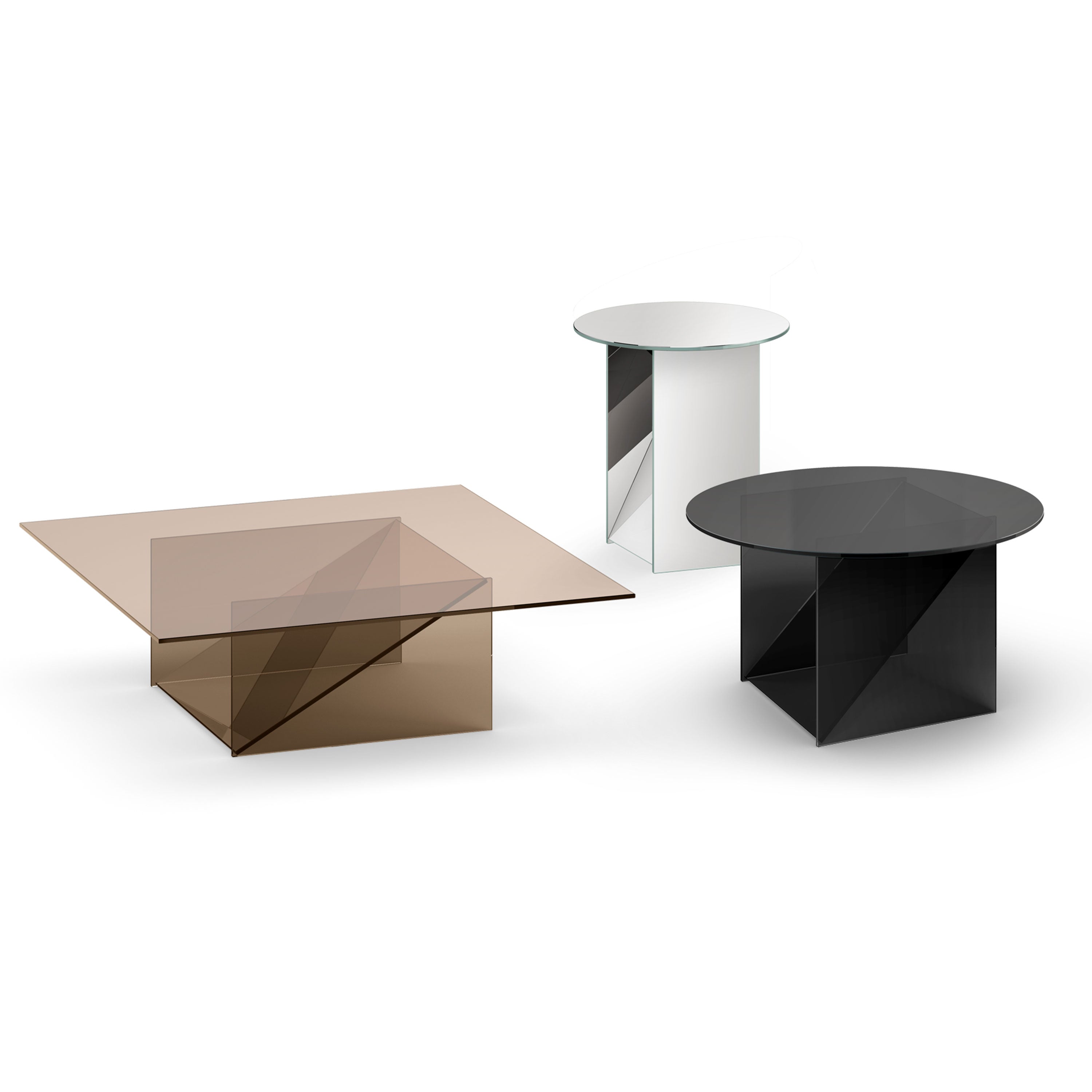 Three modern glass tables by E15, designed by Annabelle Klute, feature a rectangular coffee table with a brown-tinted top and angular base, a round side table with a reflective surface, and another round table with dark glass. All tables are part of the CT11 Kaisa collection, embodying sculptural elegance.