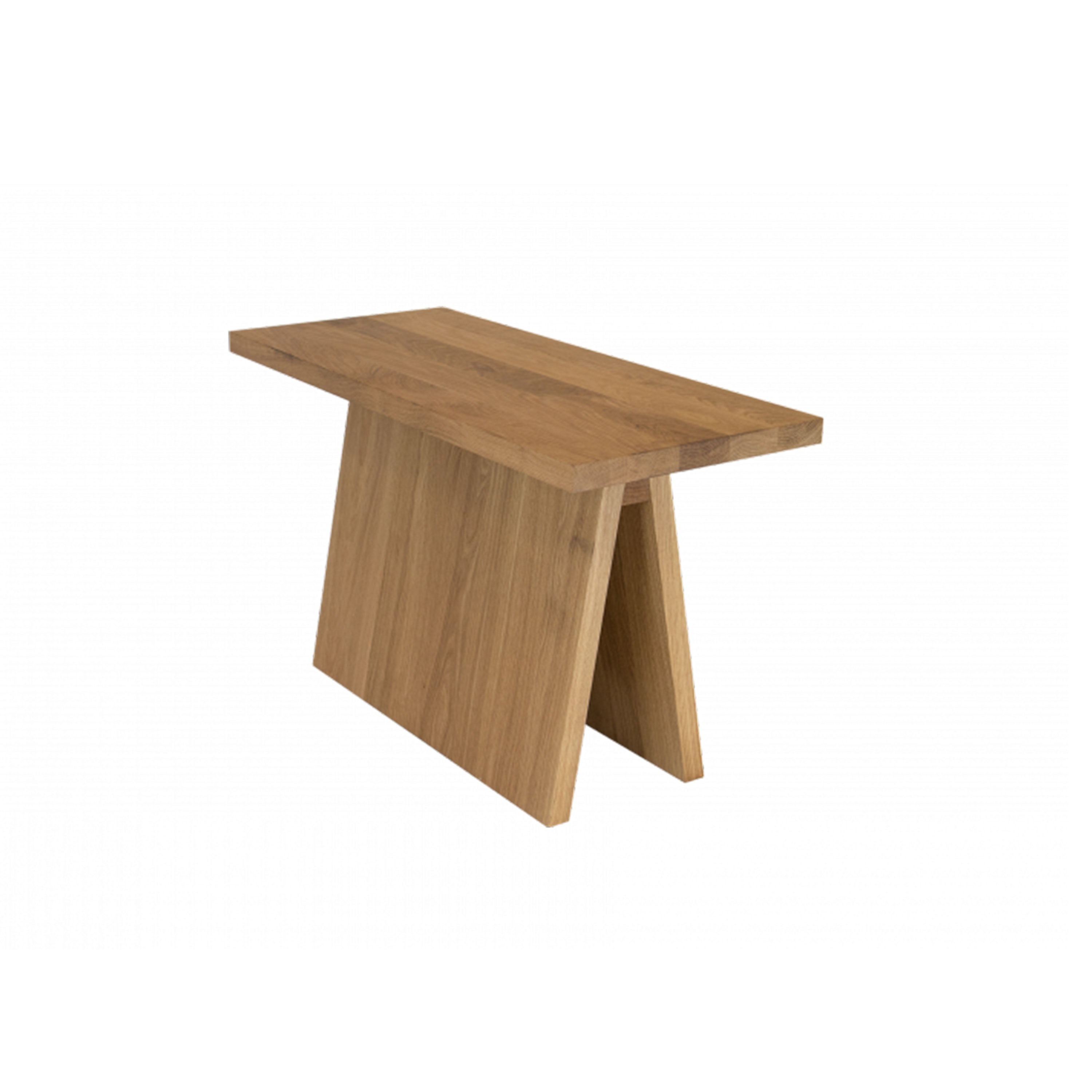 The EK03 Bench by E15 features a minimalist, modern design crafted from solid European oak. It has a rectangular top and angular base, highlighting the natural wood grain against a plain white background.