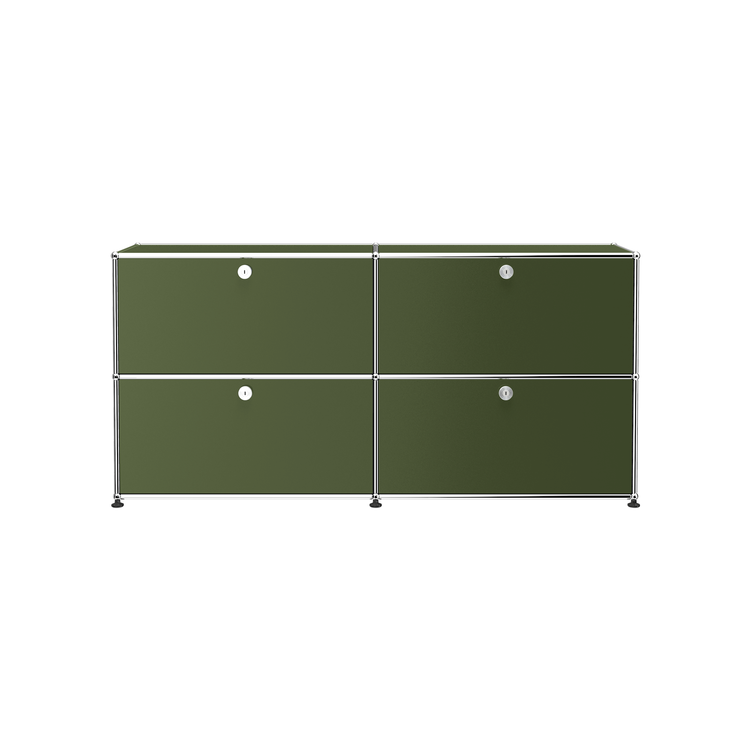 Haller Credenza E2 in olive green with four drop-down lockable doors and chrome steel frame storage unit.