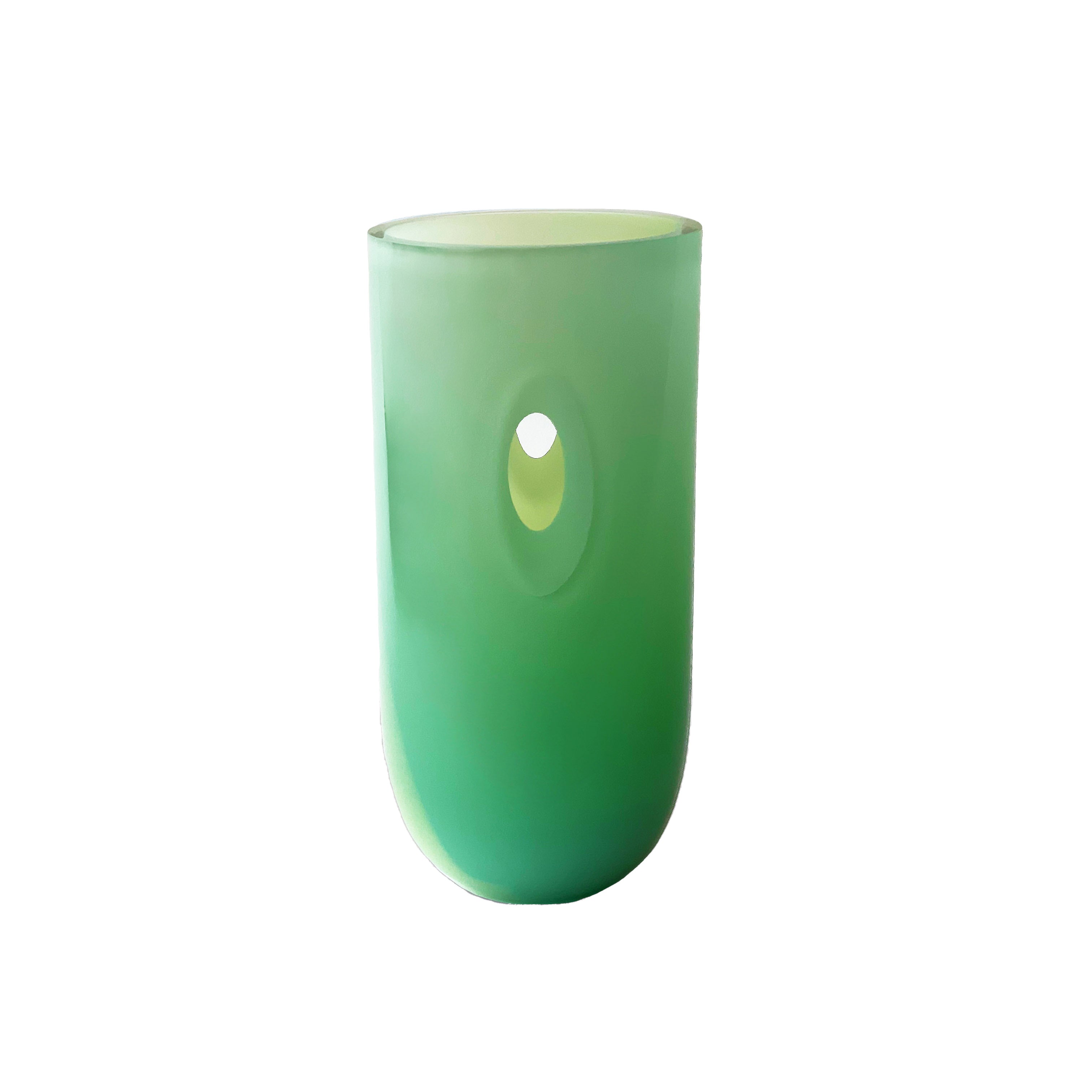 Discover the ECLIPSE Vase by Ursula Futura, a handcrafted glass masterpiece. This green vase features a smooth, rounded design with a small circular opening, showcasing rich chromatic tones that transition from dark to light green against a white backdrop.