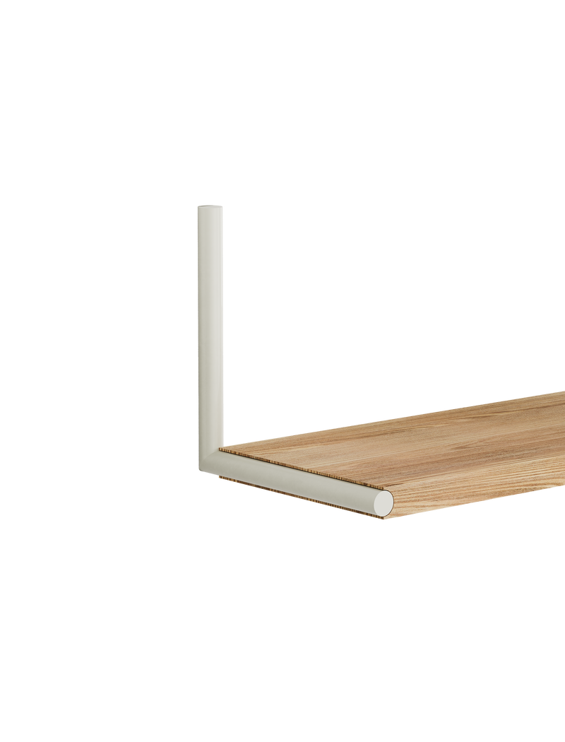 ELLE Shelf featuring solid oak natural oiled board with clean room white steel chrome plated rods, minimalist design.