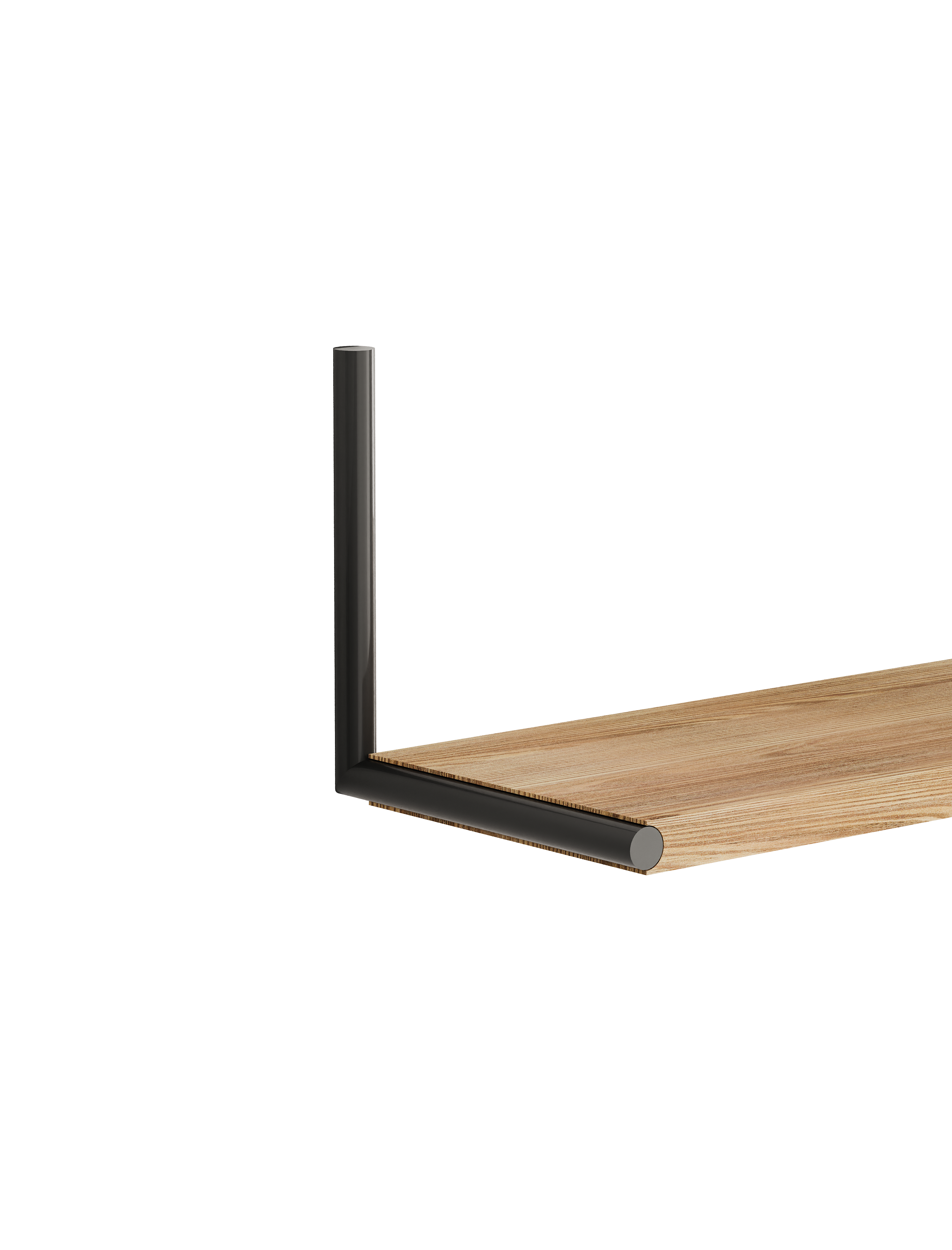 ELLE Shelf with natural oak board and black steel chrome plated rod, minimalist wall-mounted design.