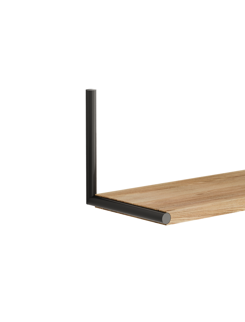 ELLE Shelf with natural oak board and black steel chrome plated rod, minimalist wall-mounted design.