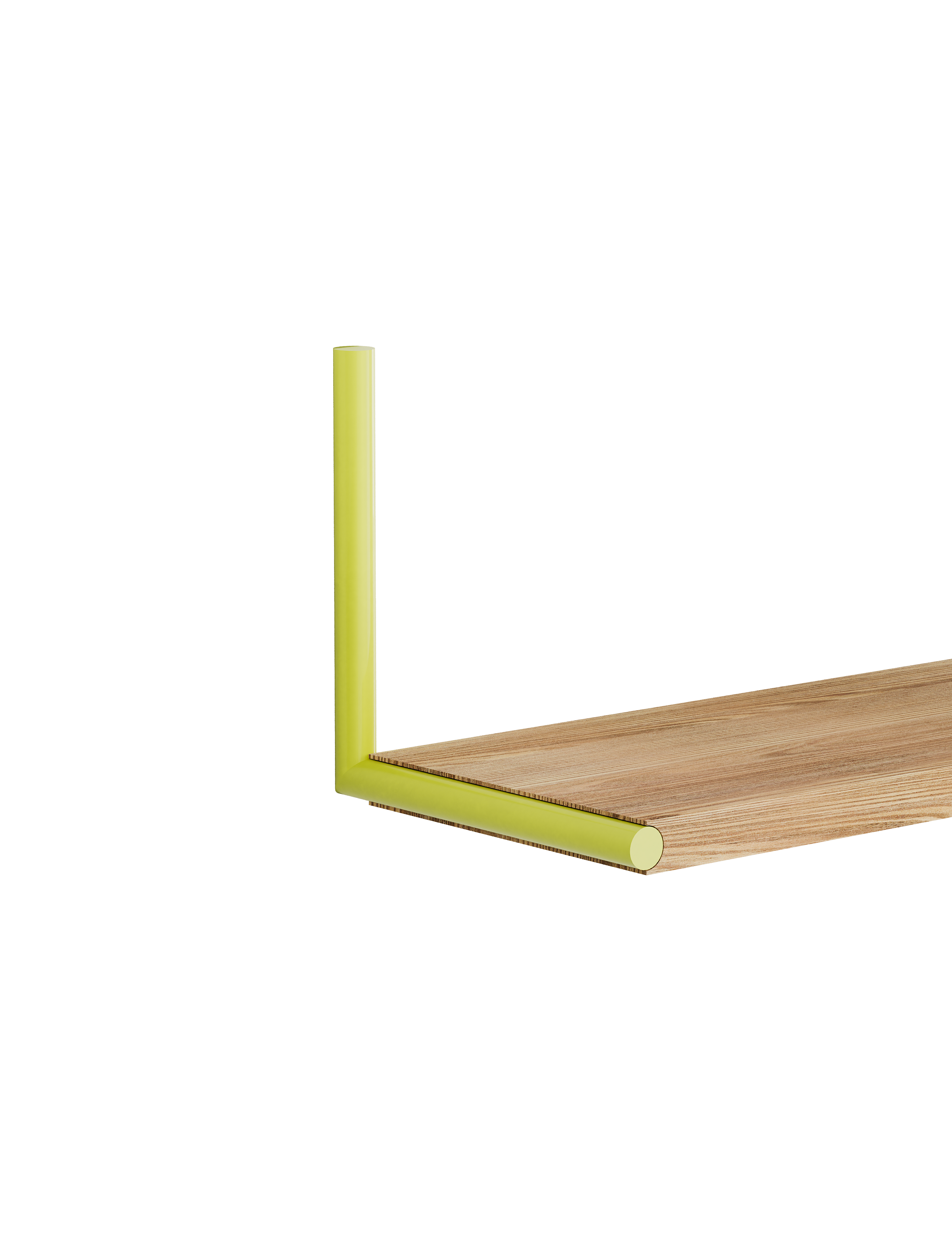 ELLE Shelf with natural oak board and sulfur yellow steel rod mounting, minimalist and modern design for versatile use.