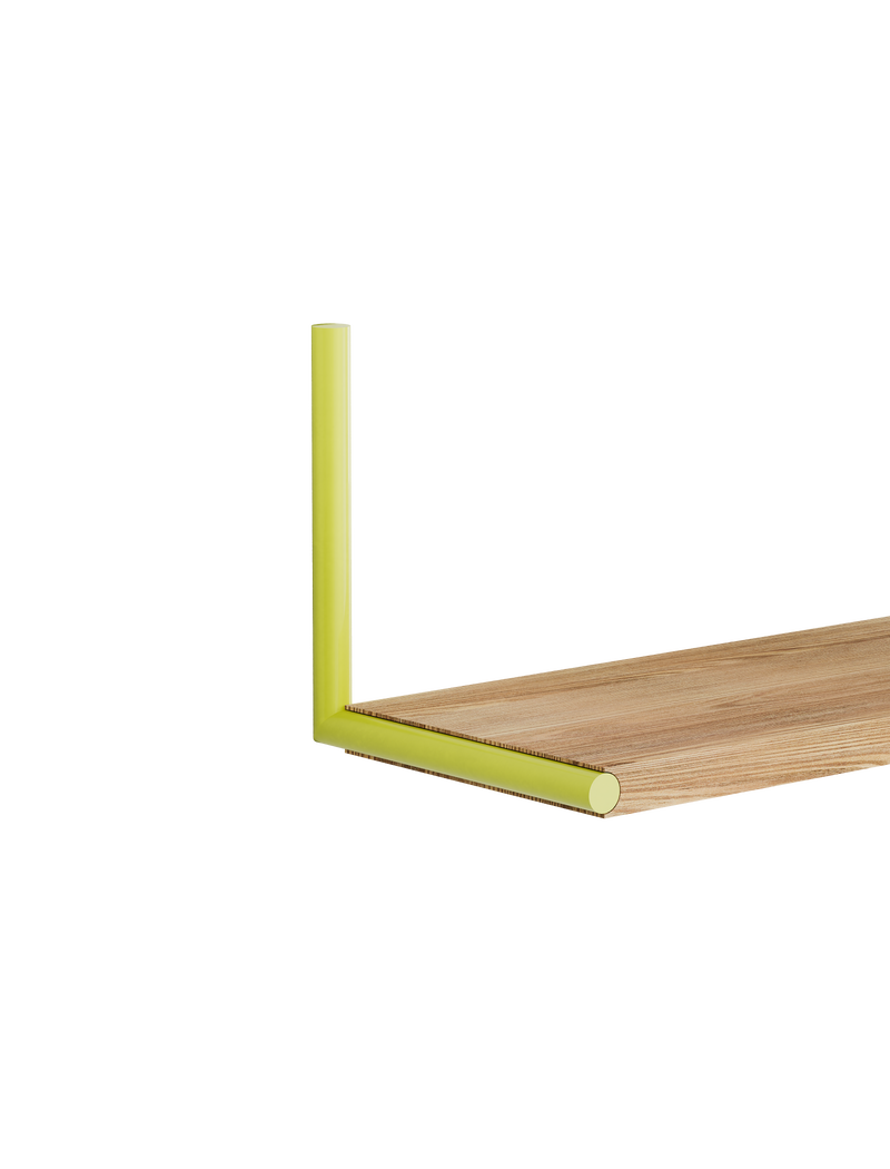 ELLE Shelf with natural oak board and sulfur yellow steel rod mounting, minimalist and modern design for versatile use.