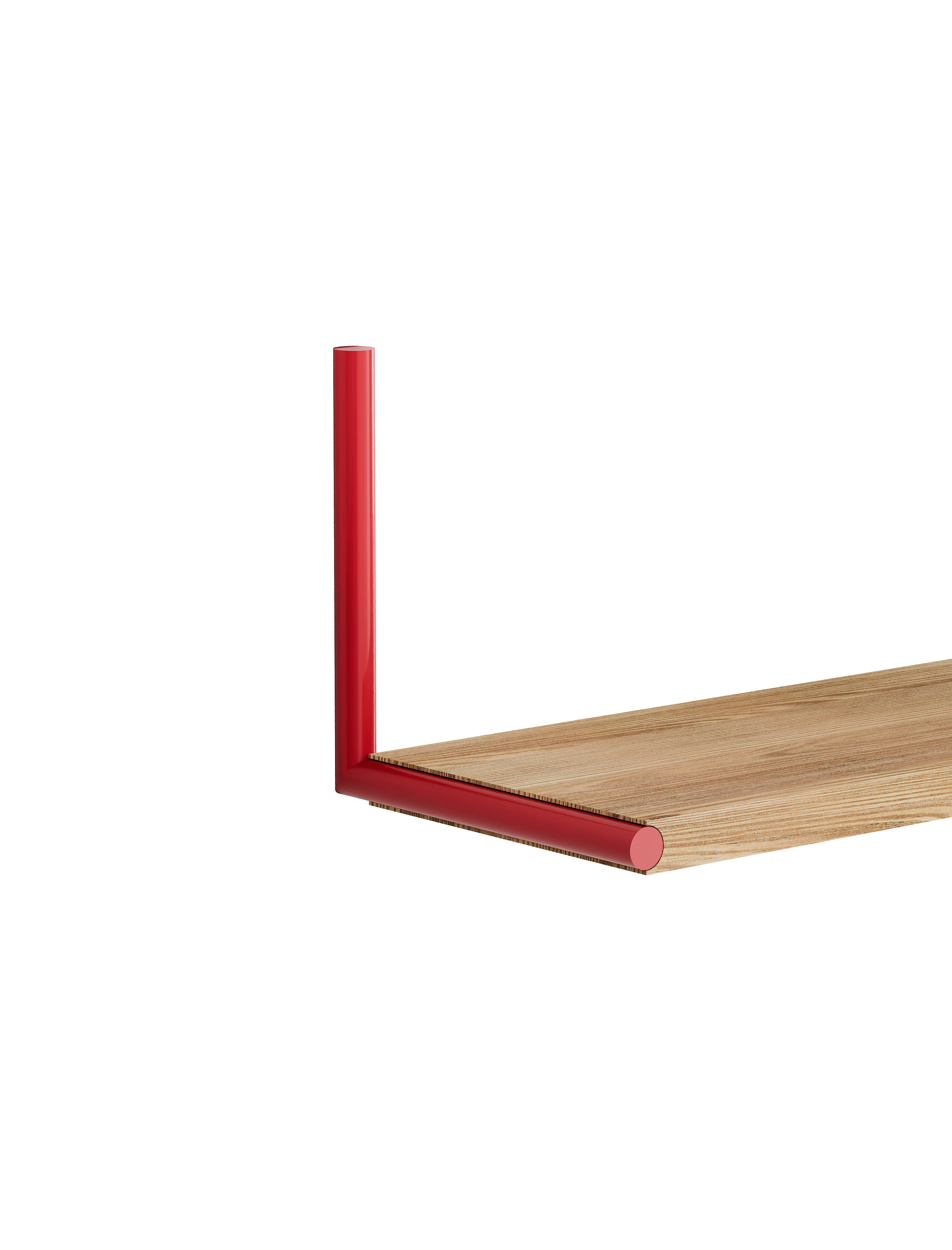 ELLE Shelf with a natural oak board and vibrant red steel chrome plated rods mounting vertically and horizontally.