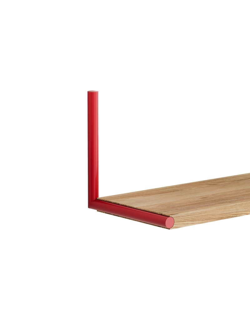 ELLE Shelf with a natural oak board and vibrant red steel chrome plated rods mounting vertically and horizontally.