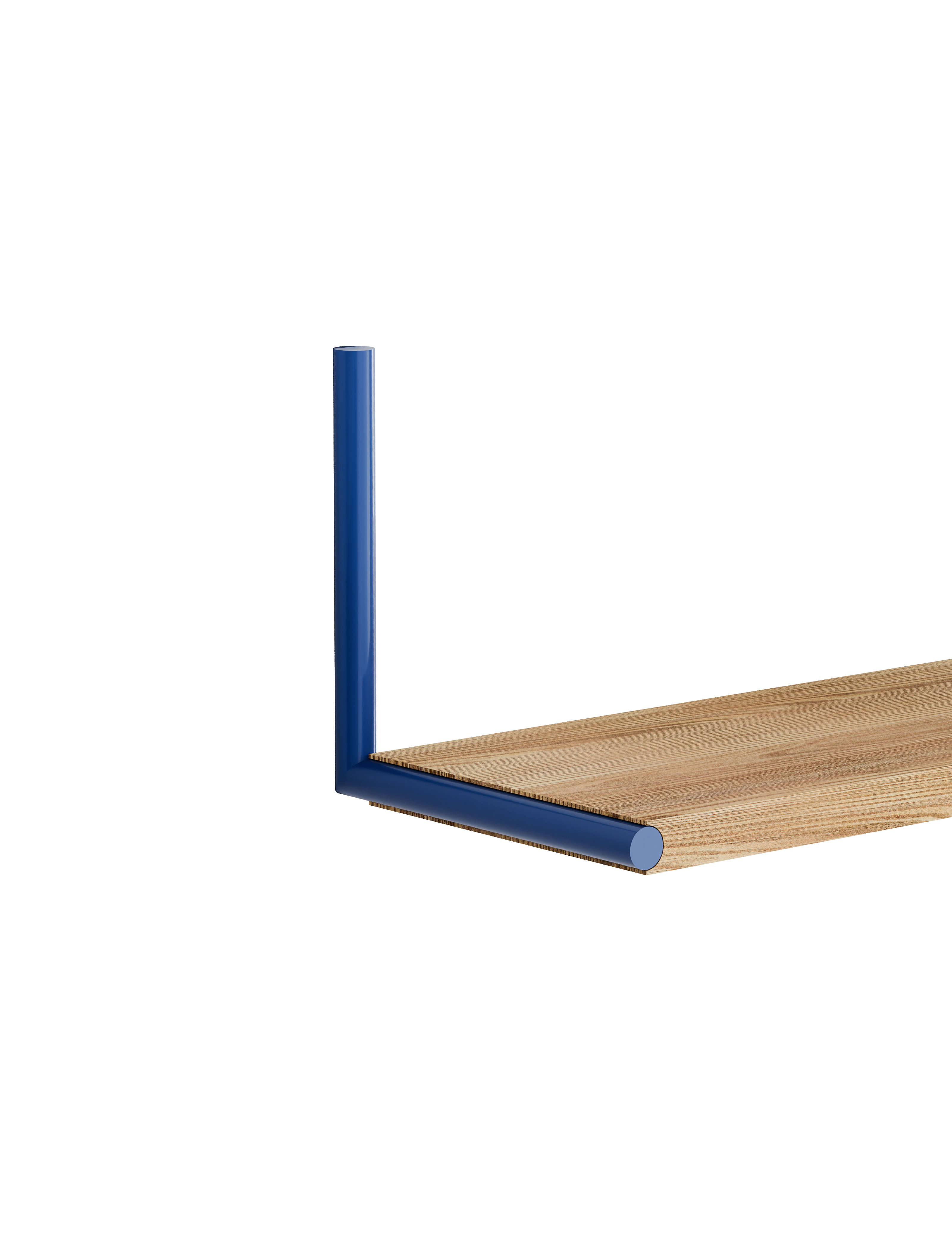 ELLE Shelf with natural oak board and sapphire blue steel rod, minimalist modern wall-mounted design.