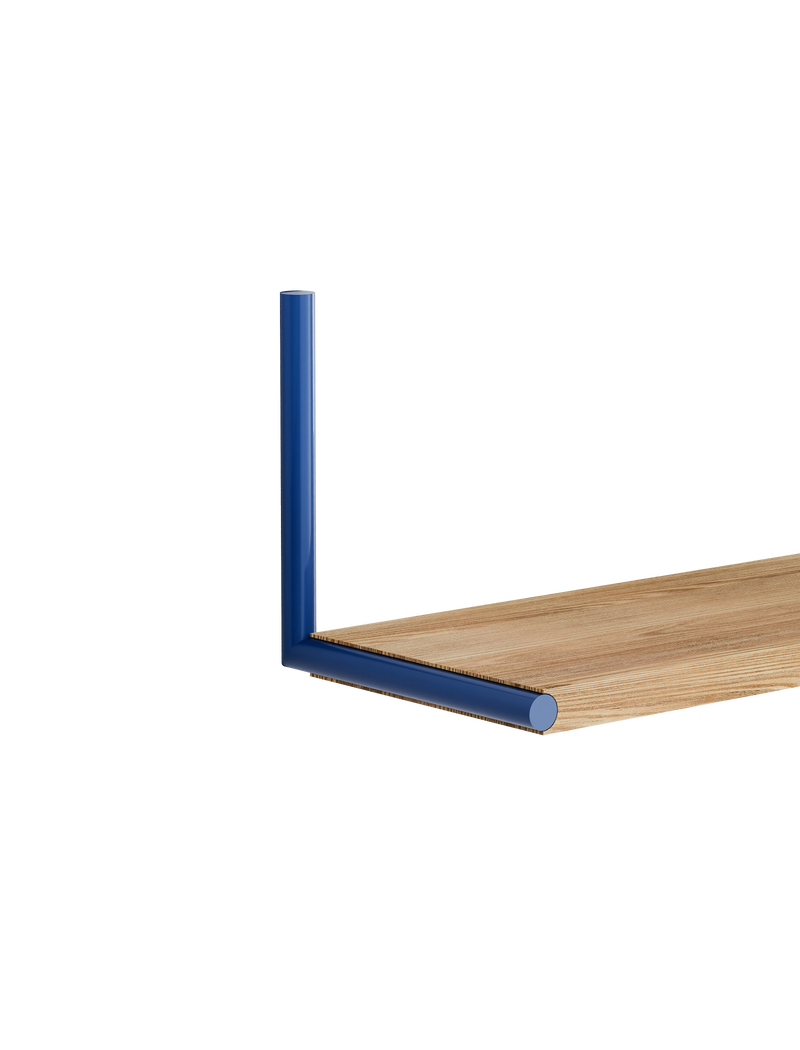 ELLE Shelf with natural oak board and sapphire blue steel rod, minimalist modern wall-mounted design.