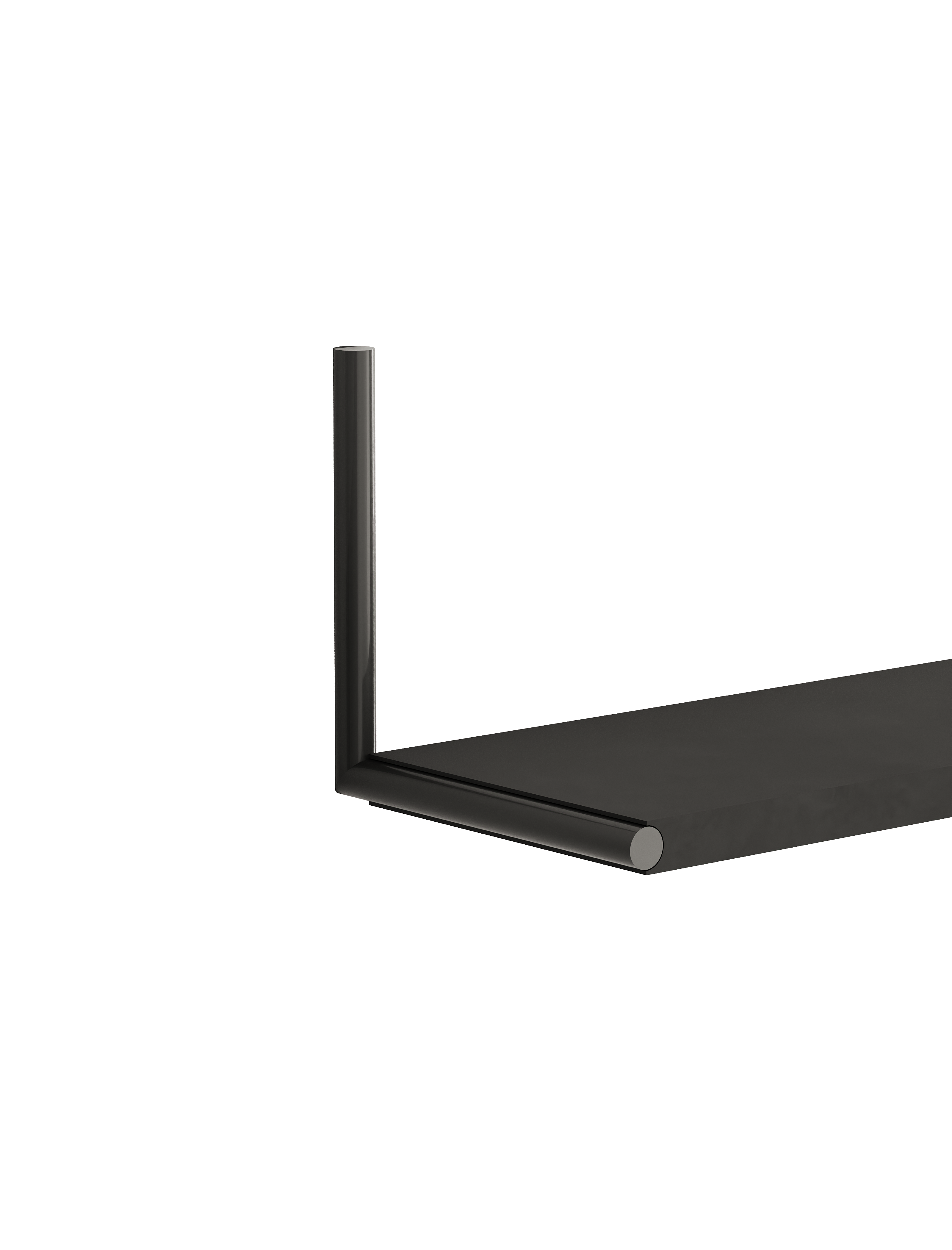 ELLE Shelf in jet black with a sleek minimalist design featuring steel chrome-plated rods and a solid board.
