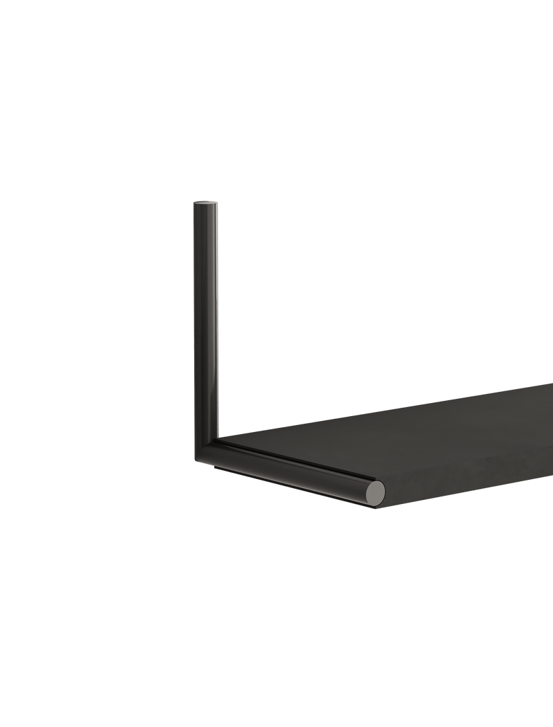 ELLE Shelf in jet black with a sleek minimalist design featuring steel chrome-plated rods and a solid board.