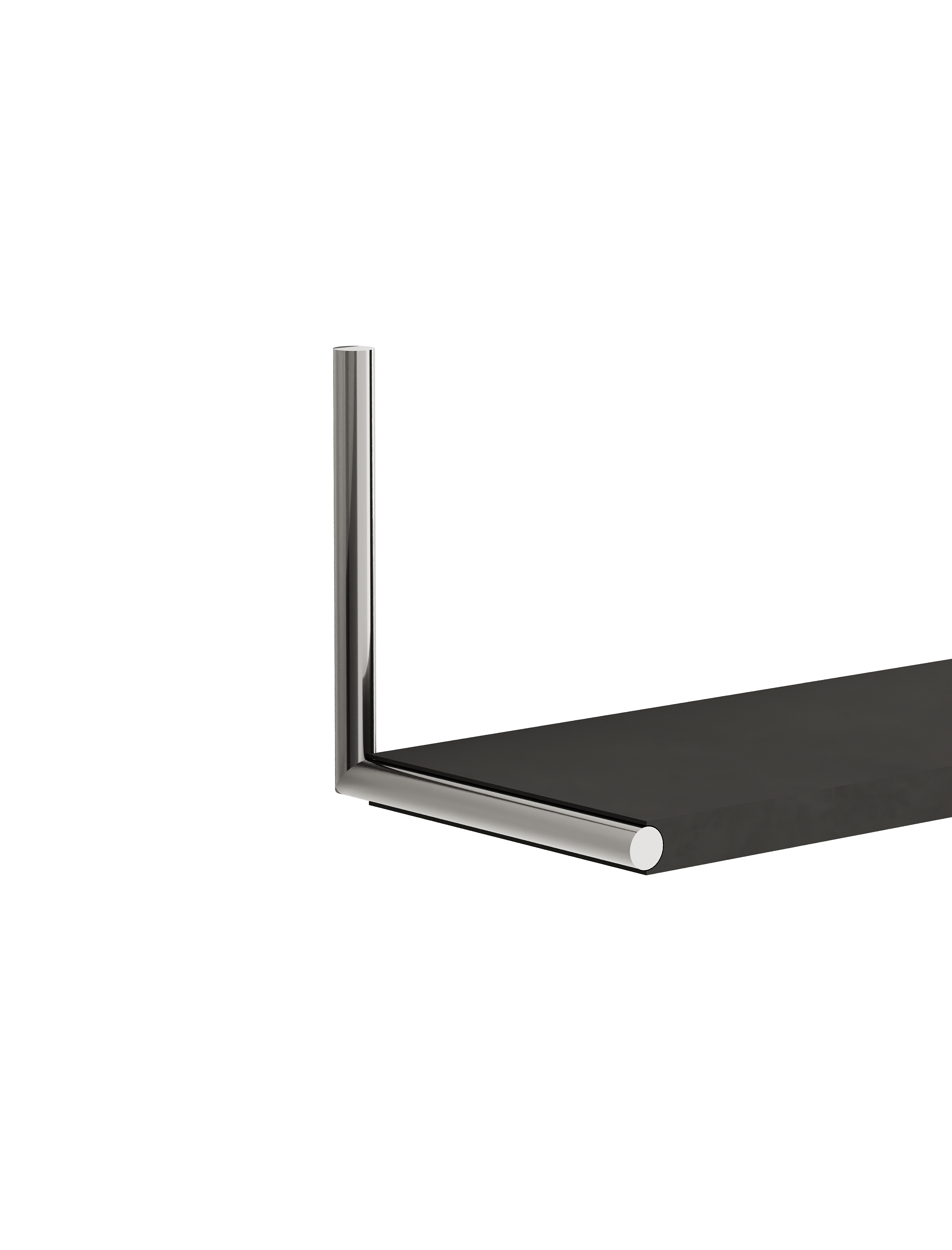 ELLE Shelf with solid dark oak board and polished steel chrome-plated rod mounting bracket.
