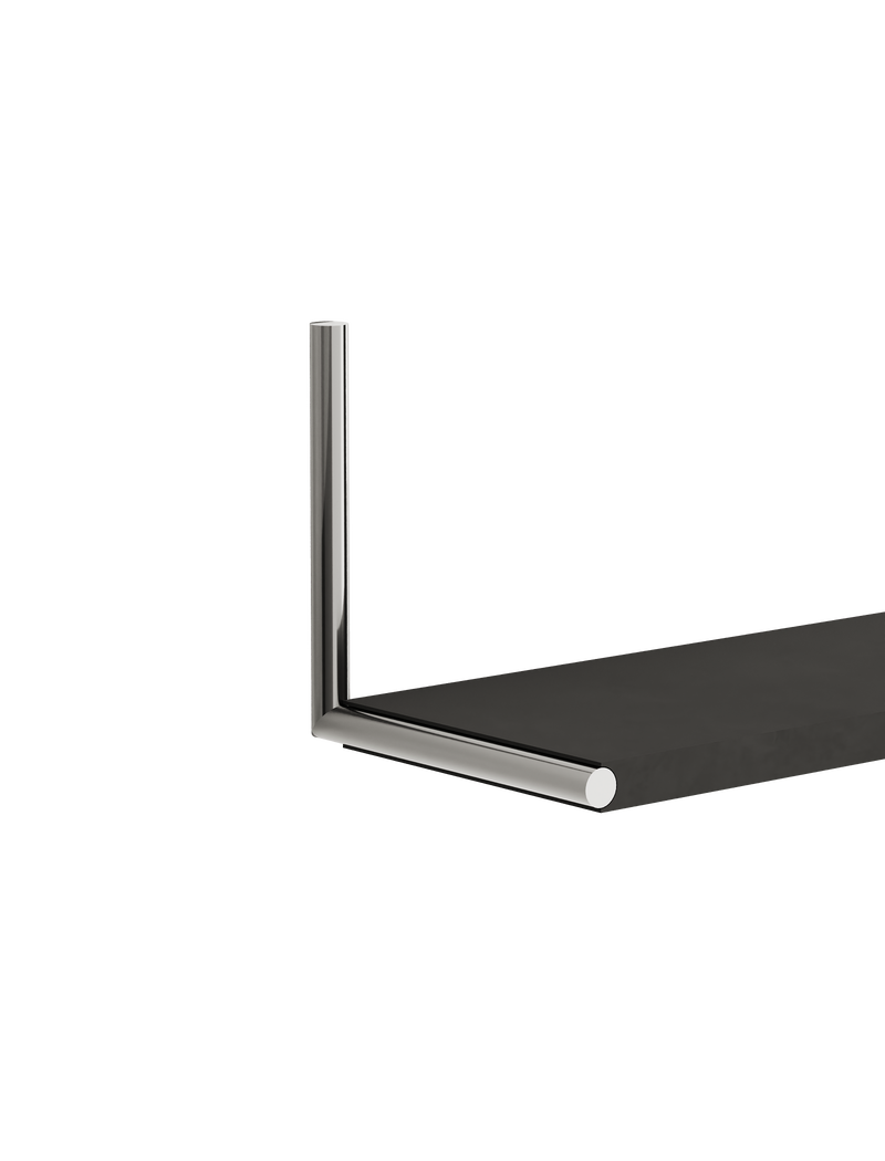 ELLE Shelf with solid dark oak board and polished steel chrome-plated rod mounting bracket.