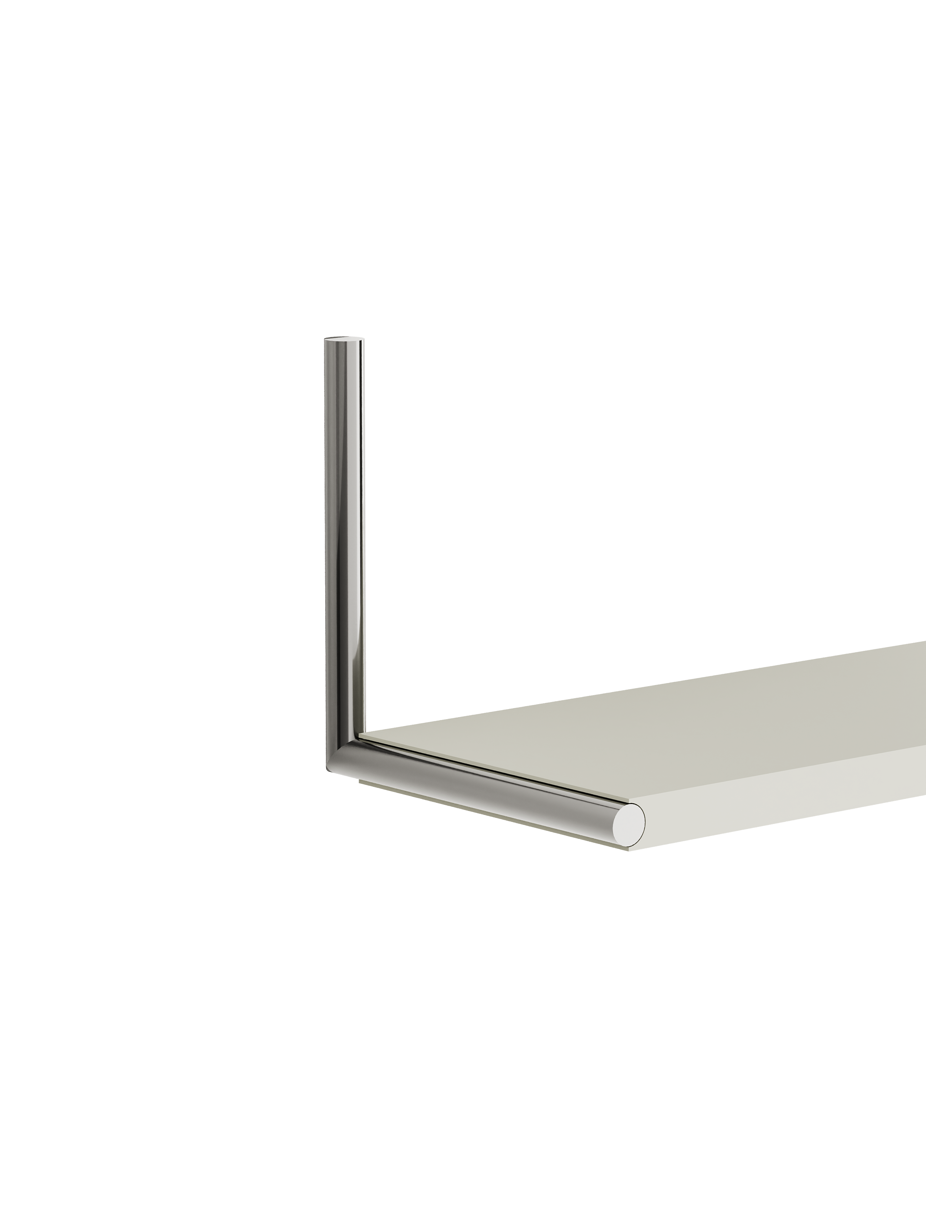 ELLE Shelf with clean room white board and steel chrome plated rods, shown from corner view on white background.