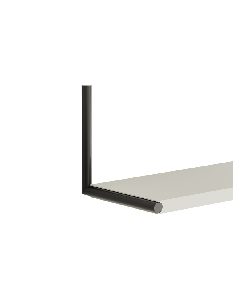 ELLE Shelf in clean room white with black steel chrome plated rod, showcasing simple and flexible design.