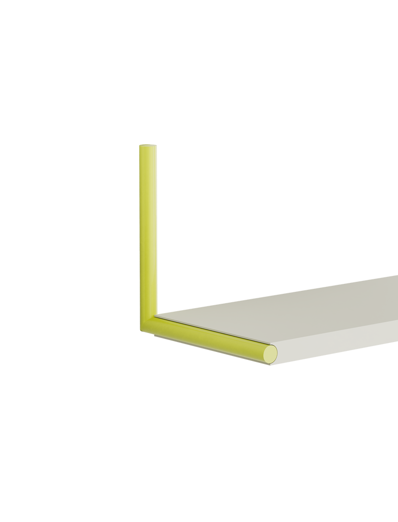 Minimalist ELLE Shelf in clean room white with sulfur yellow steel chrome plated rods, modern and flexible design