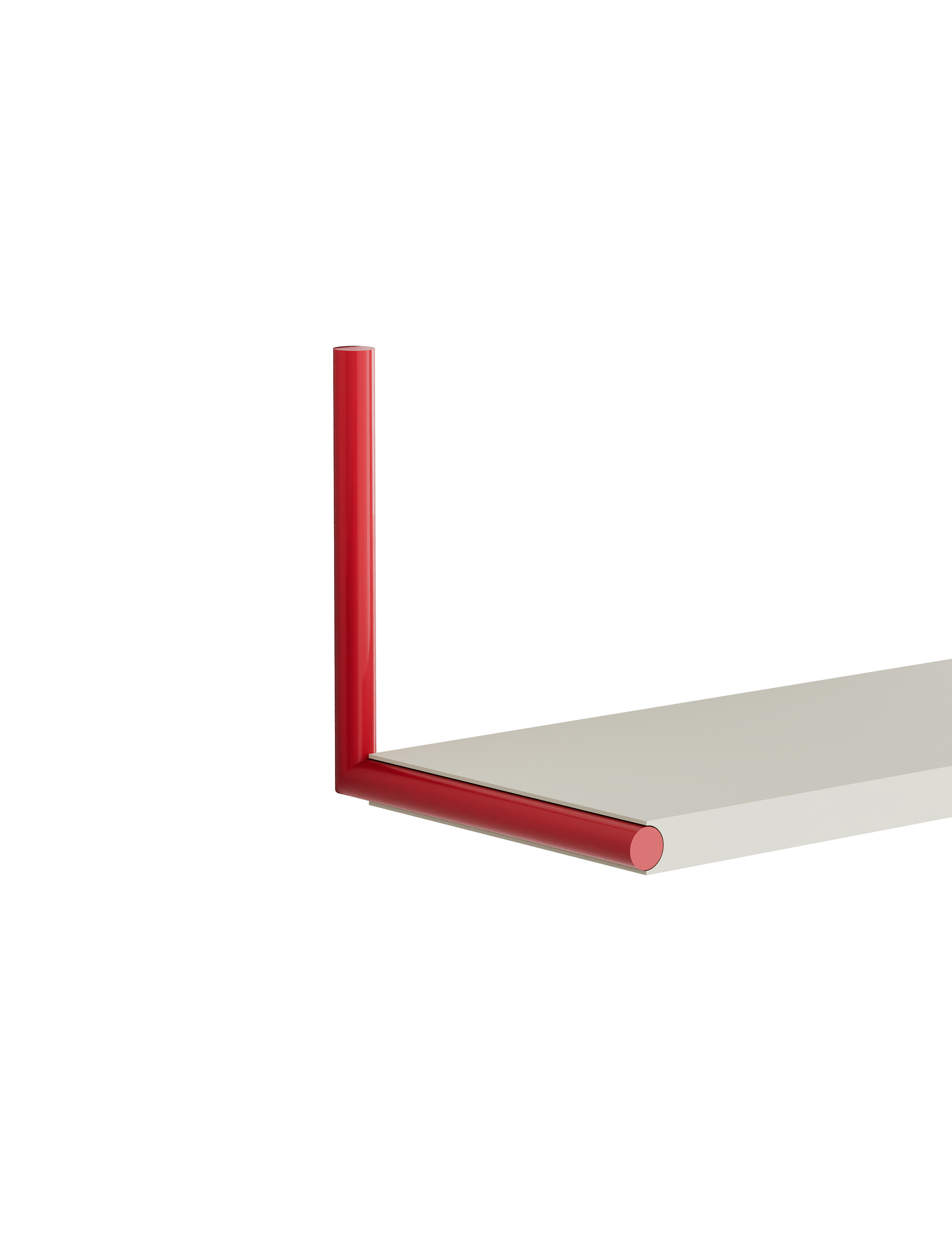 ELLE Shelf with clean room white board and traffic red steel chrome plated rods, minimalist modern wall shelf design.