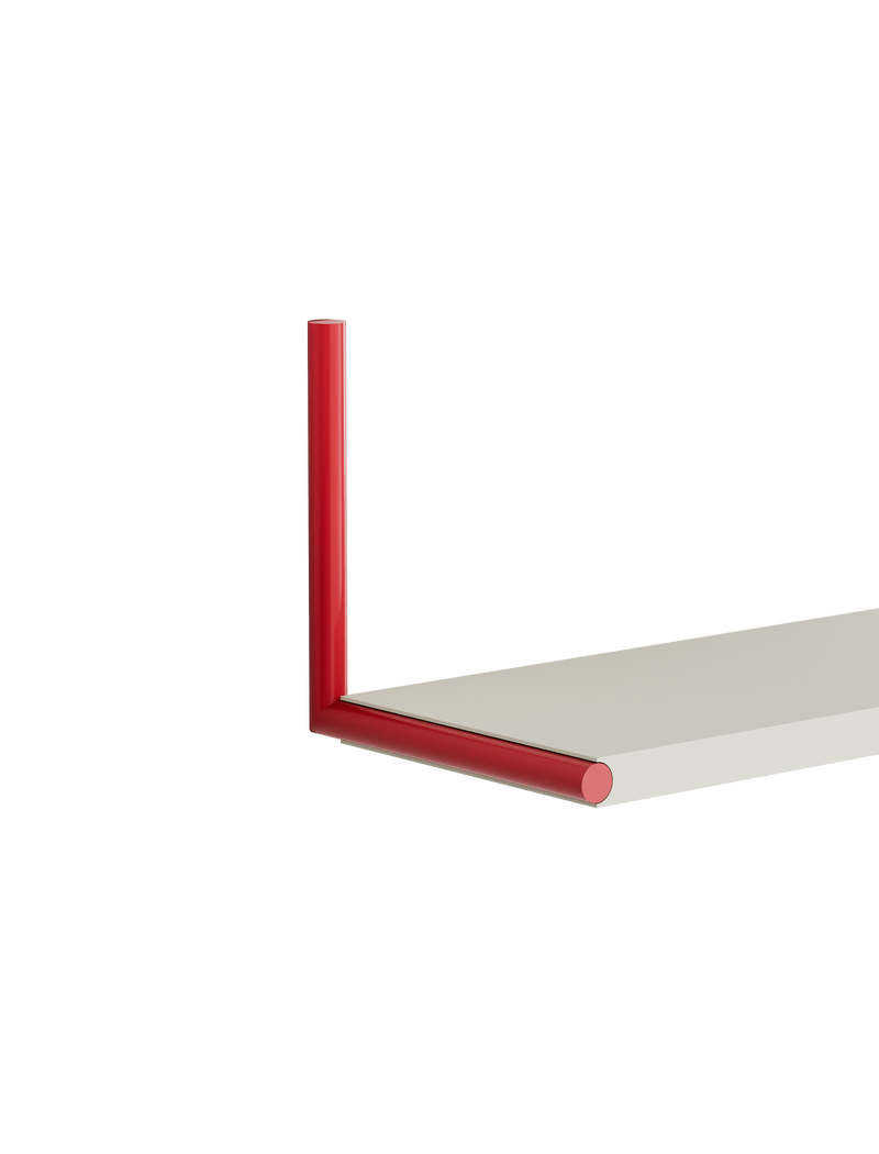 ELLE Shelf with clean room white board and traffic red steel chrome plated rods, minimalist modern wall shelf design.