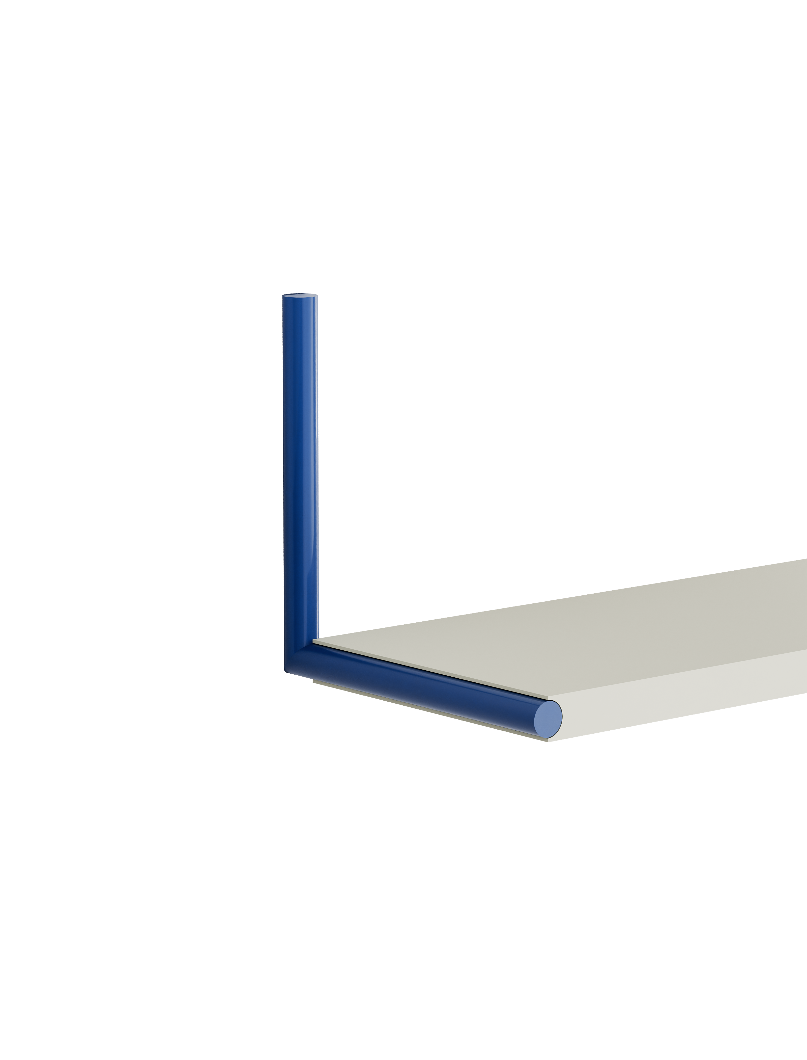 ELLE Shelf with clean room white solid beech board and sapphire blue steel chrome plated rods corner view.