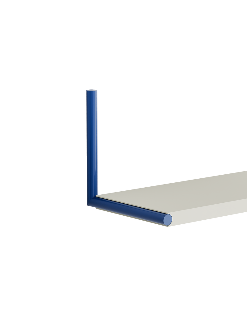 ELLE Shelf with clean room white solid beech board and sapphire blue steel chrome plated rods corner view.