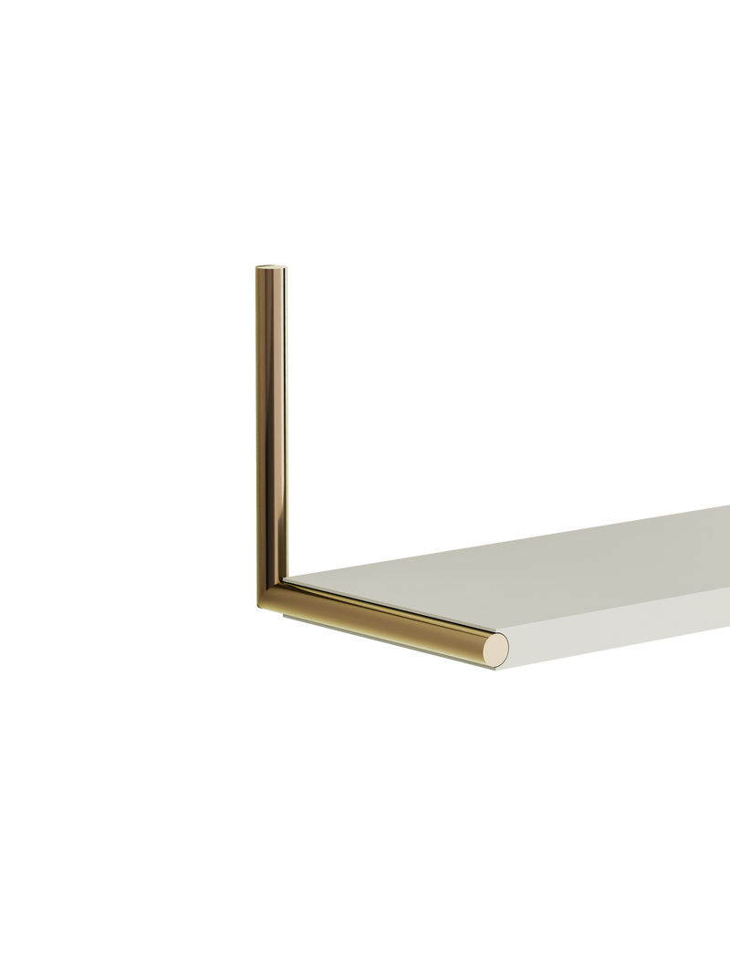 ELLE Shelf with a sleek white board and polished brass rod mounting bracket, modern minimalist wall shelf design.