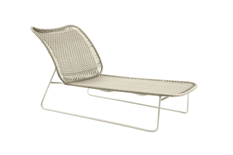 The Ames Cielo Daybed by Ames features a modern woven seat and backrest in light beige, set on a minimalist white metal frame, shown against a white background.