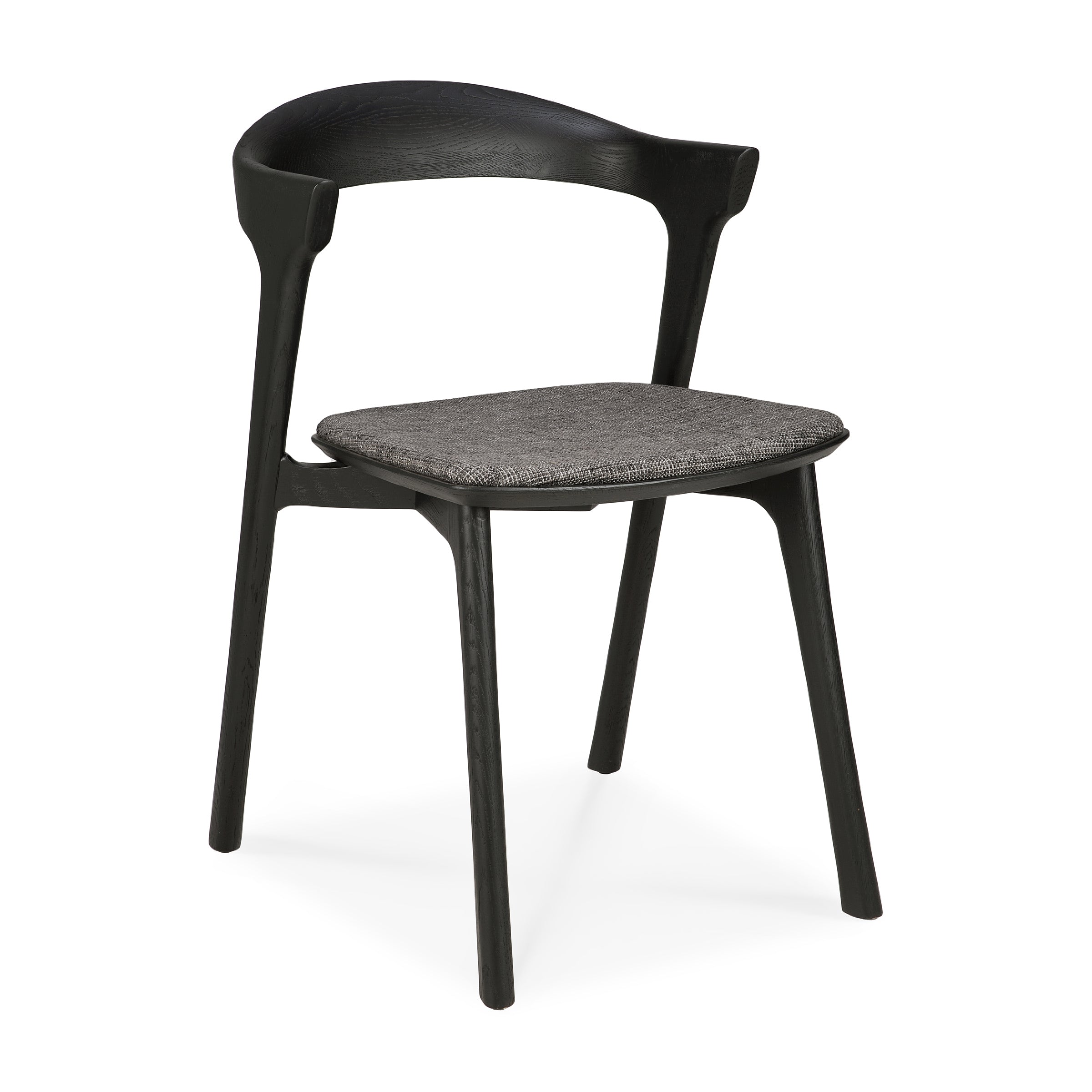 Bok Dining Chair Upholstered with dark grey cushioned seat and black varnished oak frame, modern ergonomic design.