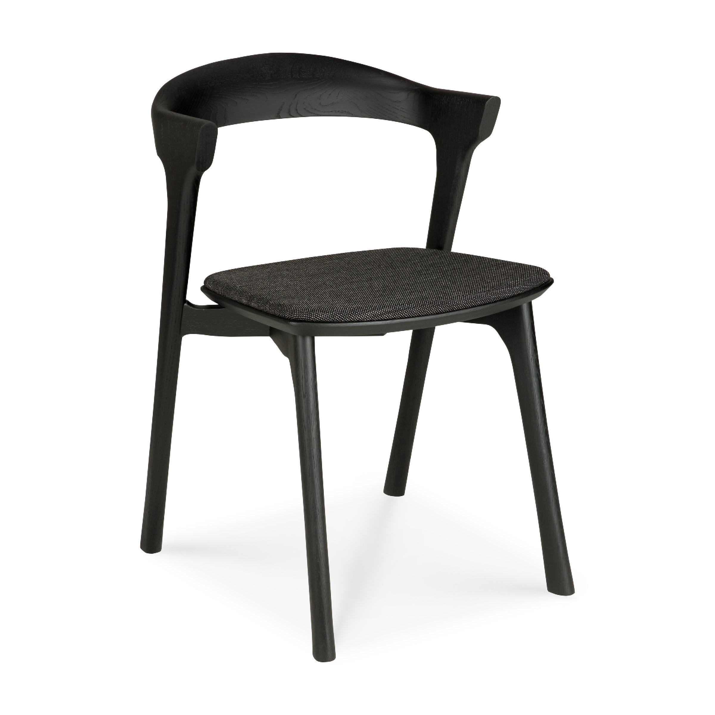 Bok Dining Chair - Upholstered in black with ergonomic design, varnished oak frame, and comfortable cushioned seat.